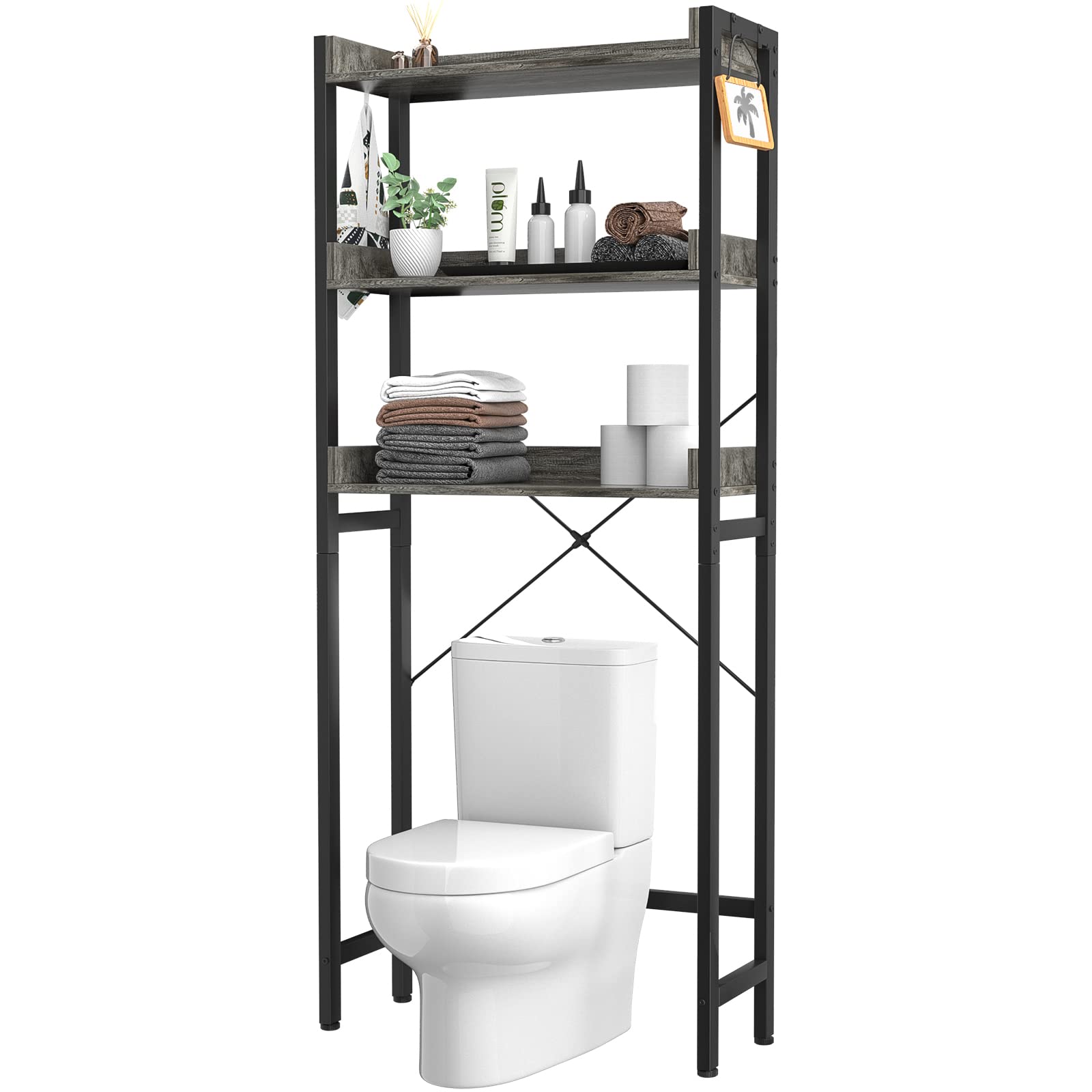 Ecoprsio 3-Tier Over-The-Toilet Storage Shelf | Freestanding Bathroom Organizer with 4 Hooks | Space Saving Toilet Stand in Grey | Perfect for Small Bathrooms & Apartment Storage Solutions