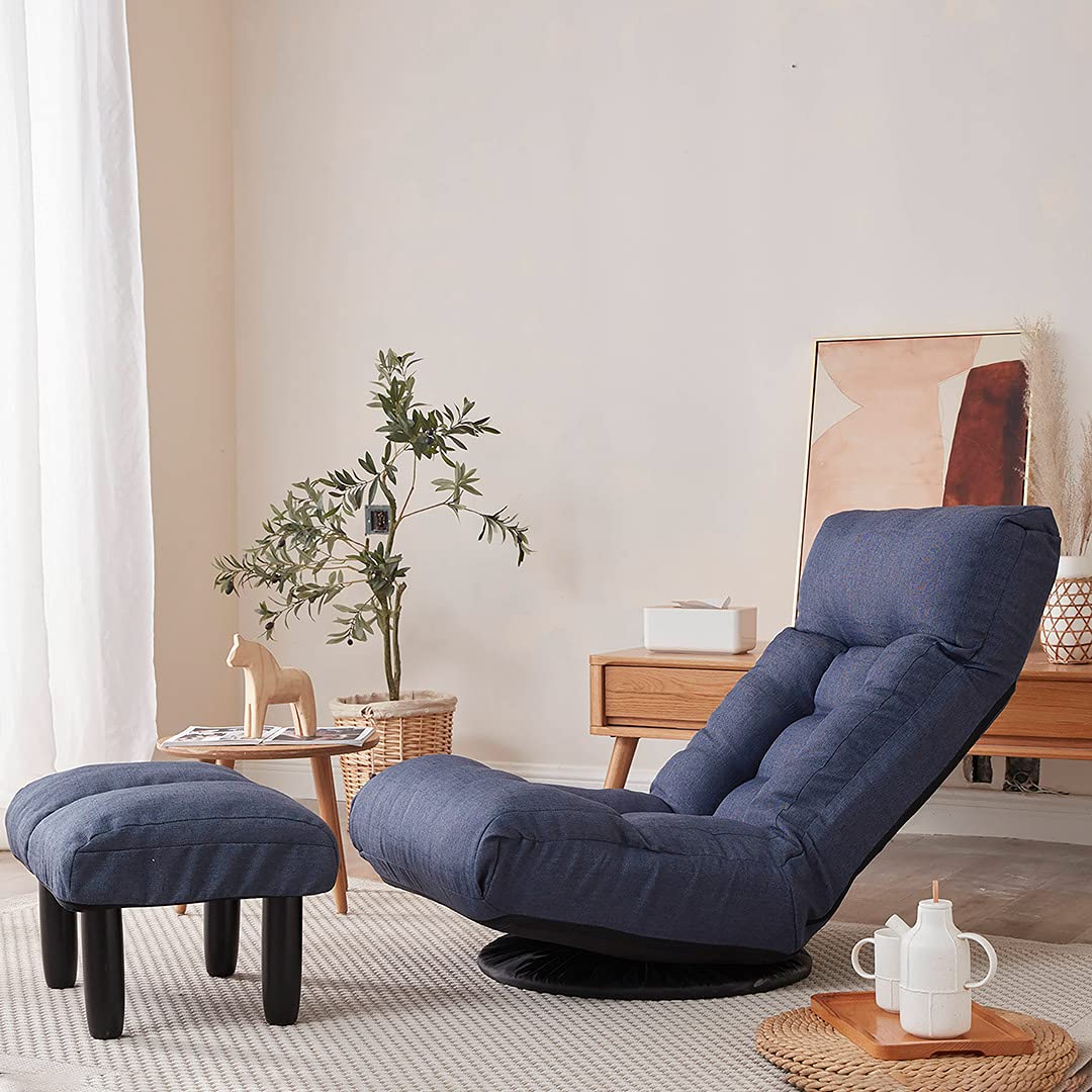 360° Swivel Gaming Chaise Lounge with Ottoman - Adjustable Backrest Folding Floor Chair for Bedroom & Living Room | Navy Blue Floor Sofa for Video Games, Movie Nights & Relaxation