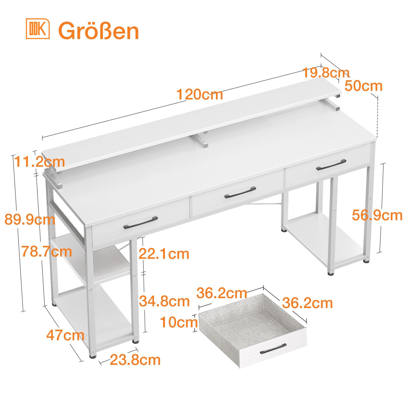 ODK 3-Drawer Reversible Desk, Computer Table with Monitor Stand, Home Office Workstation (120x50x90cm, White) - Perfect for Small Spaces, Remote Work & Study