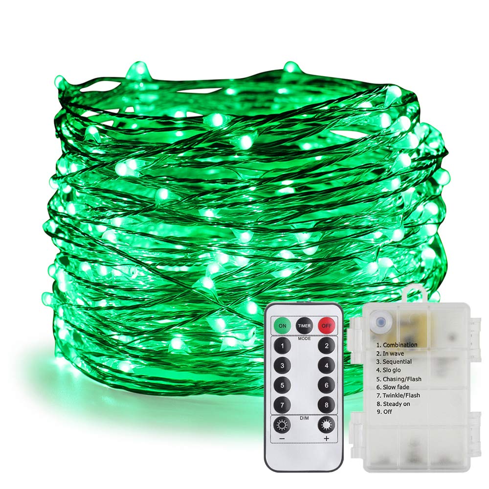 Fairy Lights Battery Operated - 33ft 100 LED Waterproof String Lights with Remote & Timer, 8 Lighting Modes, Silver Coated Copper Wire for Indoor/Outdoor Decor (Green) - Perfect for Christmas, Wedding, Party, Garden, and Home Decoration