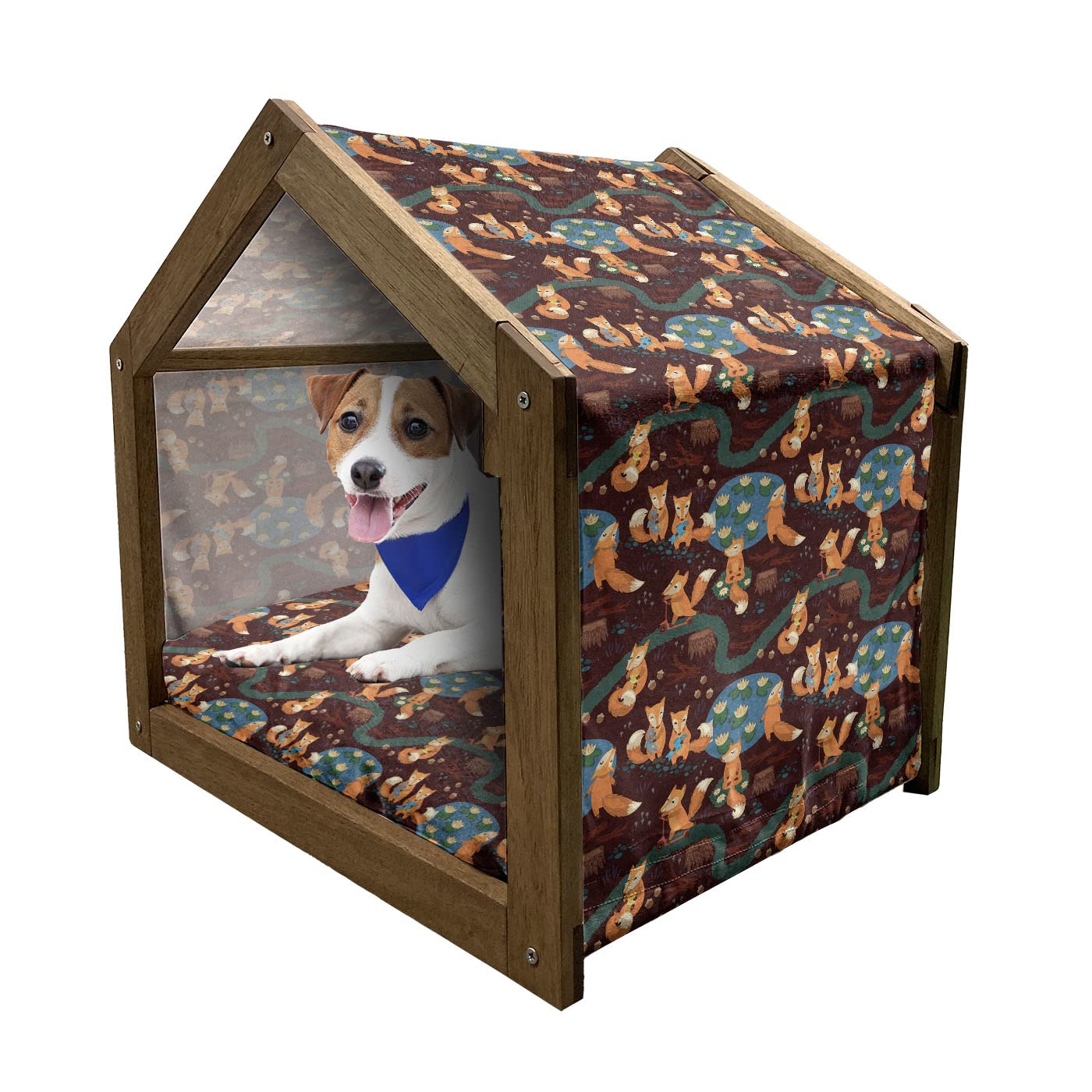 Ambesonne Wooden Pet House for Small Dogs - Fox & Forest Animals Design, Indoor & Outdoor Portable Dog Kennel with Removable Pillow & Cover, Medium Size, Multicolor - Perfect for Home, Garden, and Travel Use