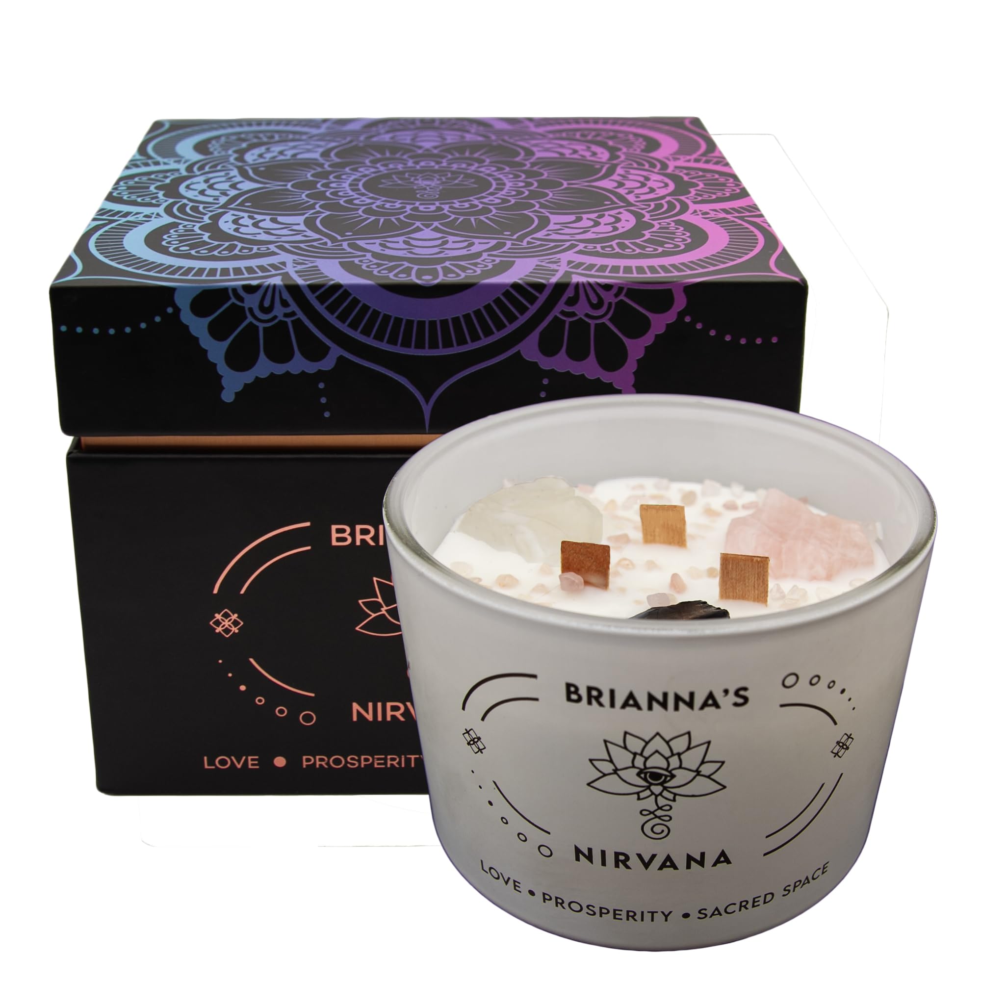 Manifestation Candle with Healing Crystals - Rose Quartz, Clear Quartz & Obsidian | 3-Wick Meditation Candle for Love & Abundance | Wooden Wick Crystal Candle for Yoga, Reiki & Spiritual Healing (White)