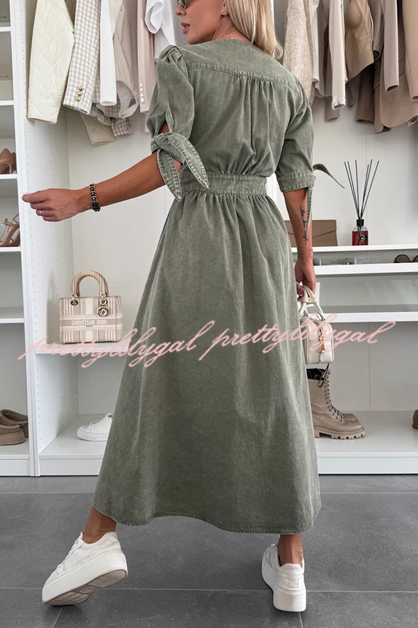 Stylish Solid Color V-Neck Button Down Denim Midi Dress for Women | Casual & Office Wear | Perfect for Spring & Summer Outings
