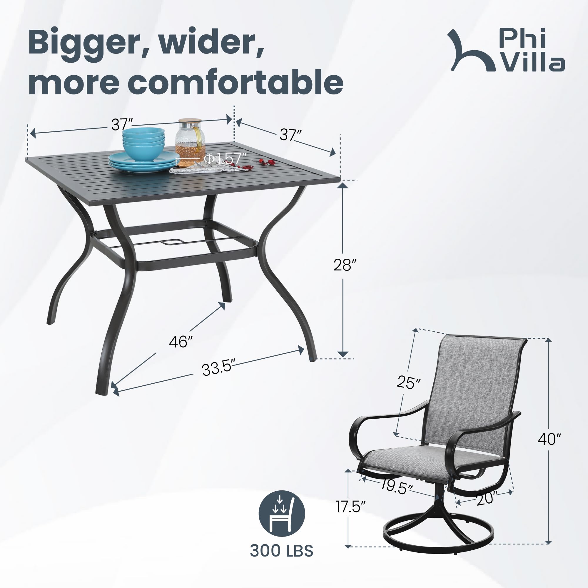PHI VILLA 5-Piece Outdoor Dining Set with Swivel Chairs & 37