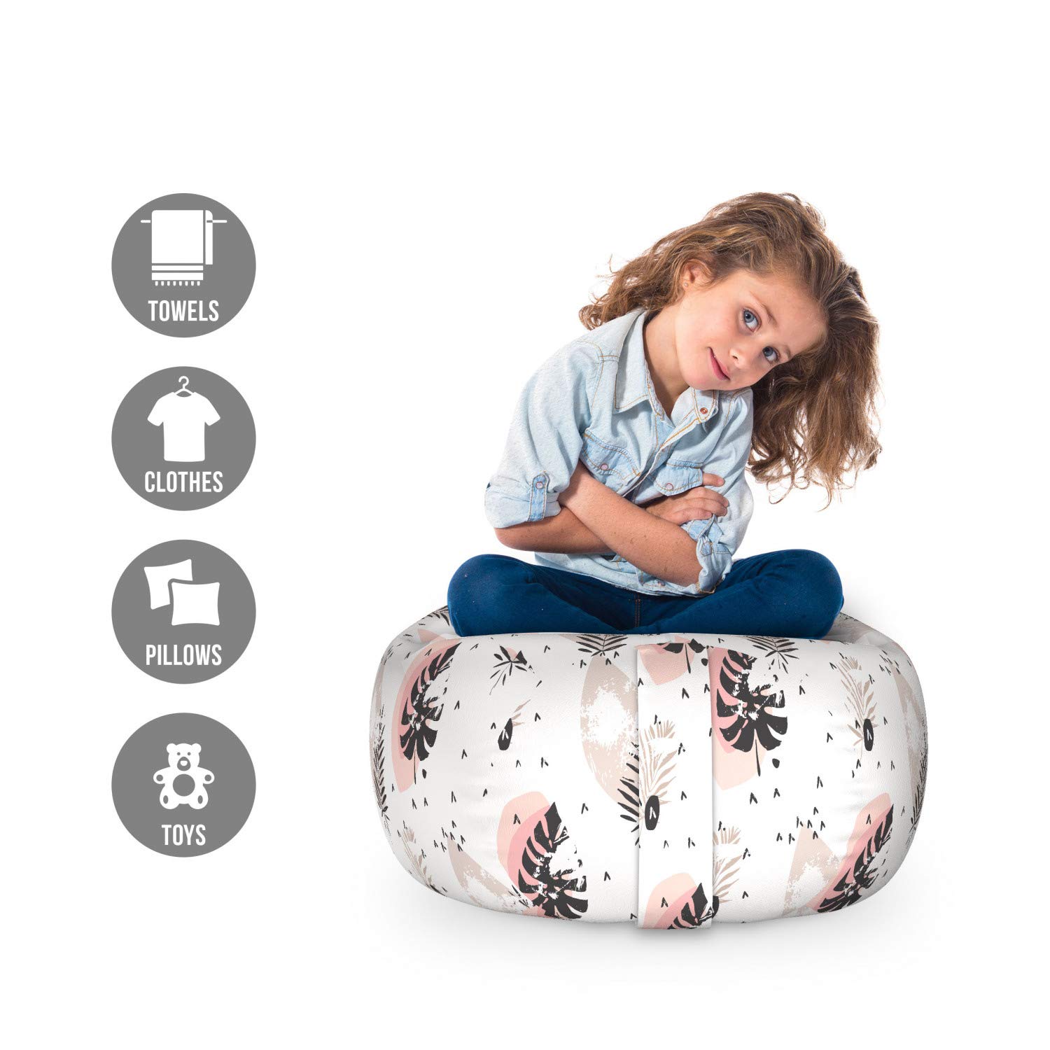 Ambesonne Boho Storage Toy Bag Chair - Hand Drawn Tropical Leaves & Scandinavian Design, Washable Stuffed Animal Organizer for Kids Room (Small Size, Blush Salmon) | Perfect for Nursery, Playroom & Bedroom Organization