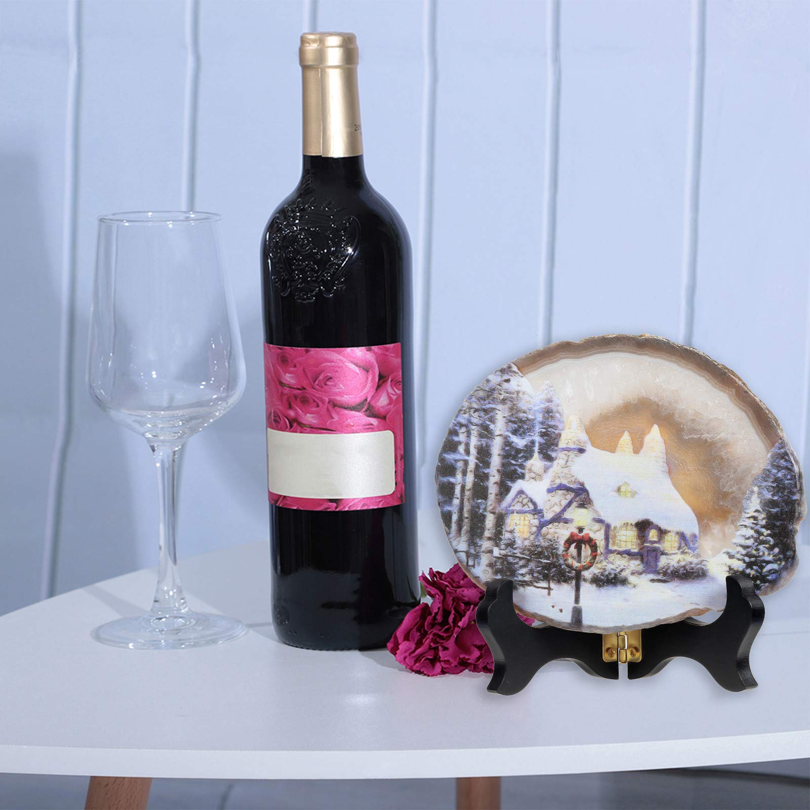 Natural Agate Slice Art Print - Snowy Christmas Night Table Display with Wooden Stand | Irregular Agate Geode Stone Figurine for Office & Home Decor | Perfect Holiday Gift & Winter Home Decoration
