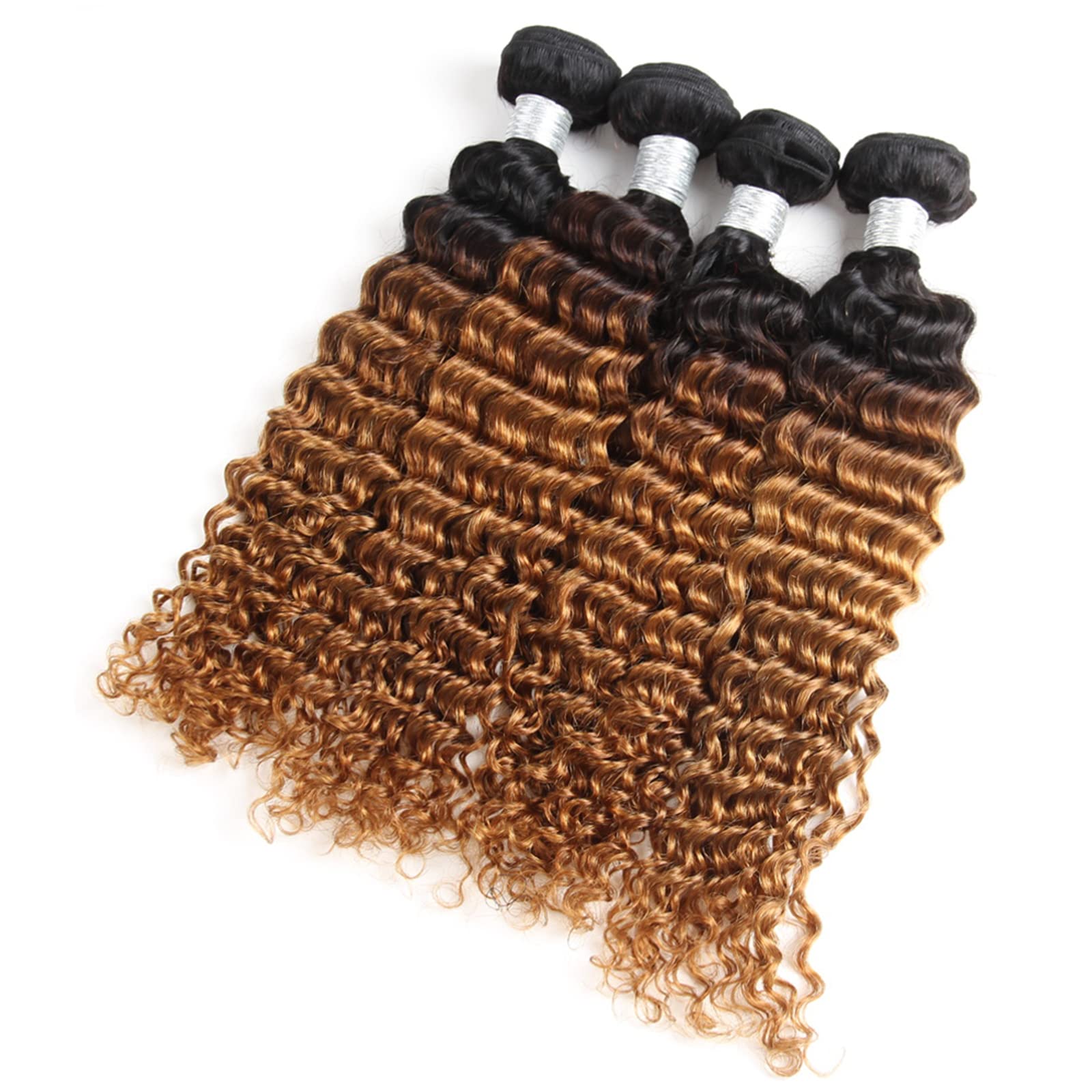Ombre Deep Wave 4 Bundles Human Hair Extensions - 100% Real Human Hair Curly Bundles (18/18/18/18 Inch, 1B/30 Deep) - Perfect for Wet & Wavy Hairstyles, Daily Wear & Special Occasions