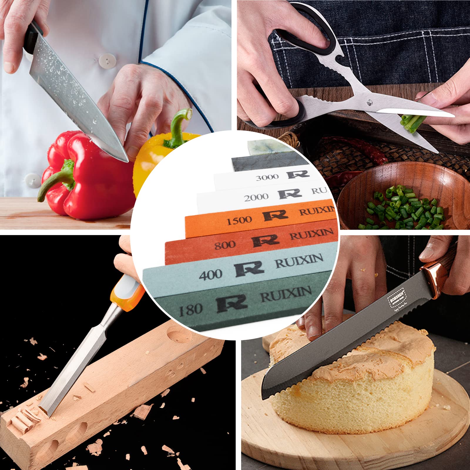 Ruixin Pro 8-Piece Knife Sharpening Stone Set for RX-008 & RX-009 Fixed-Angle Knife Sharpeners - 180/400/800/1500/2000/3000/5000/10000 Grit Whetstones - Professional Sharpening Kit for Kitchen, Hunting & Outdoor Knives