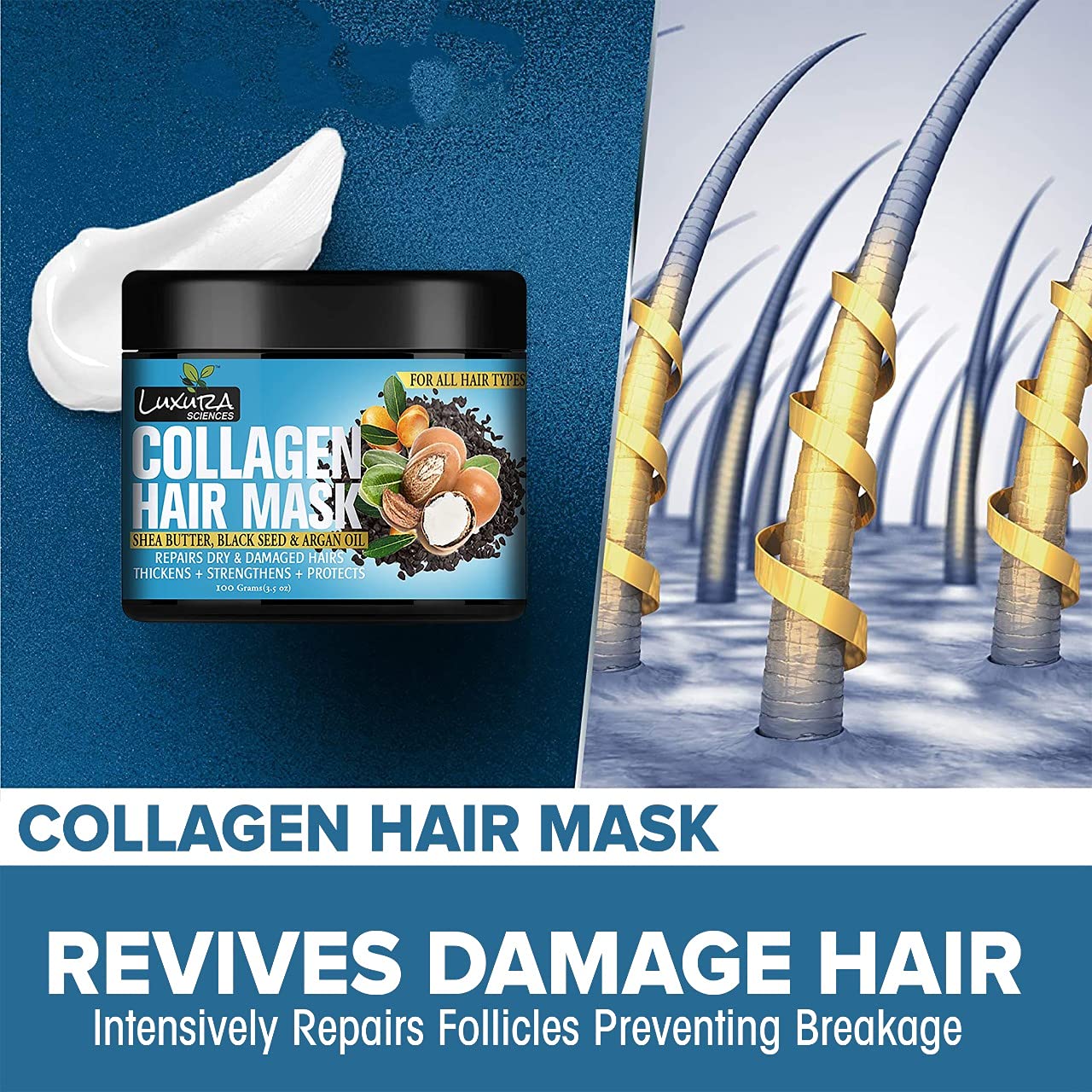 Luxura Sciences Collagen Hair Mask & Deep Conditioner with Black Seed Oil, Argan Oil & Shea Butter - Intense Hydration & Repair Treatment for Dry, Damaged Hair - 100g (Refreshing Peace) - Perfect for Post-Shower Hair Care & Weekly Nourishment Routine
