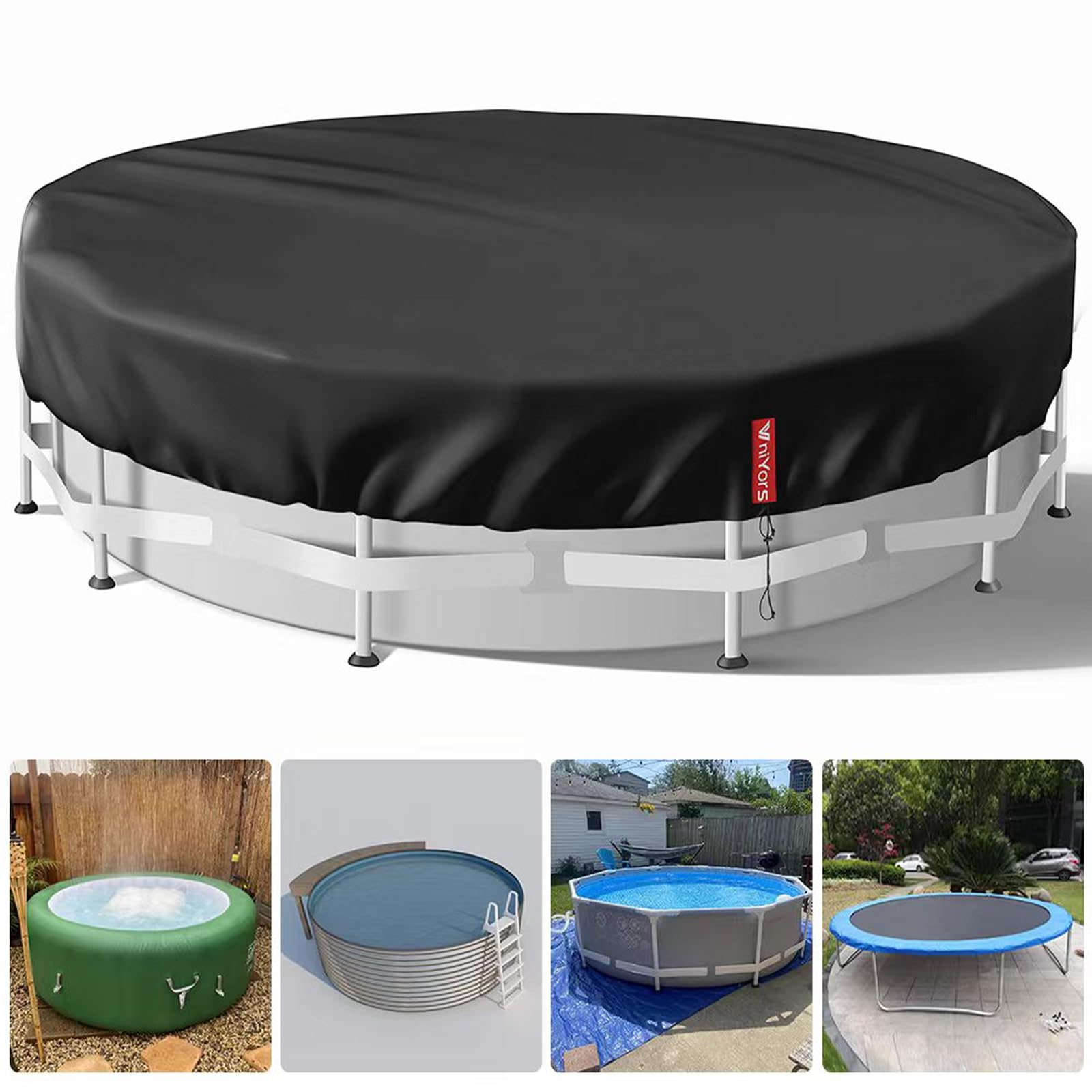 12 Ft Round Solar Pool Cover for Above Ground Pools - Heavy Duty Waterproof Hot Tub Cover with Drawstring & Ground Nails - Dustproof Winter Protection for Swimming Pools & Spas (Black) - Perfect for Year-Round Pool Maintenance & Energy Savings
