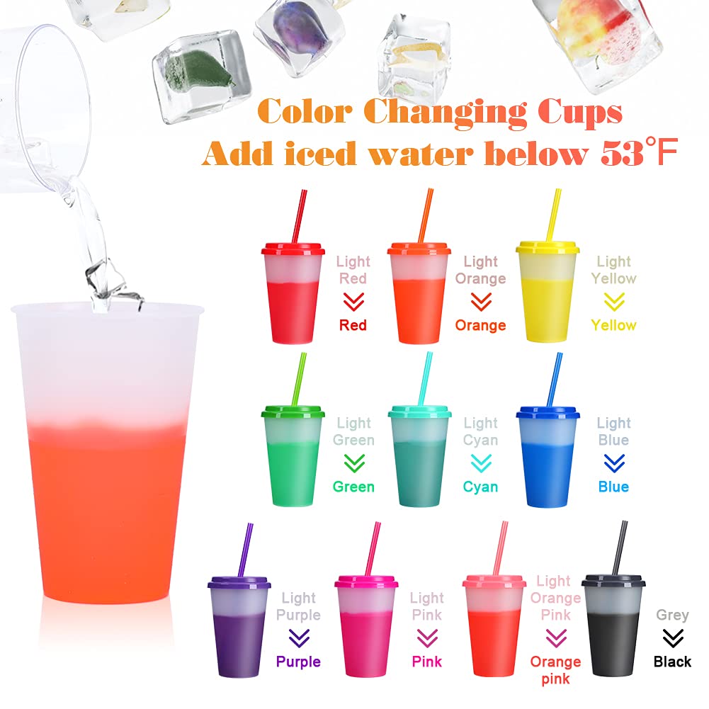 12oz Color Changing Reusable Plastic Cups with Straws & Lids - 10 Pack Kids Cold Drink Tumblers for School, Parties, and Outdoor Activities