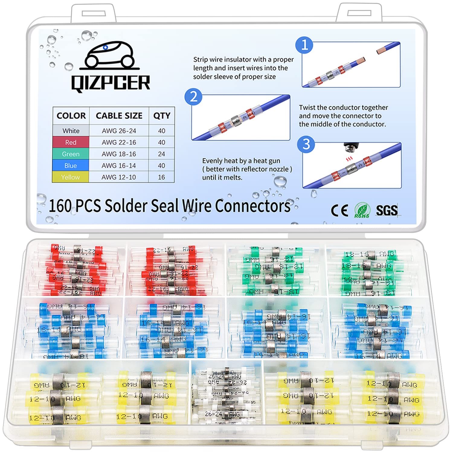 160 Pcs Solder Seal Wire Connectors Kit - Waterproof Heat Shrink Electrical Connectors for Marine, Automotive, Trailer, RV, Boat & Truck Wiring - Secure Cable Butt Terminals for DIY Repairs and Professional Installations