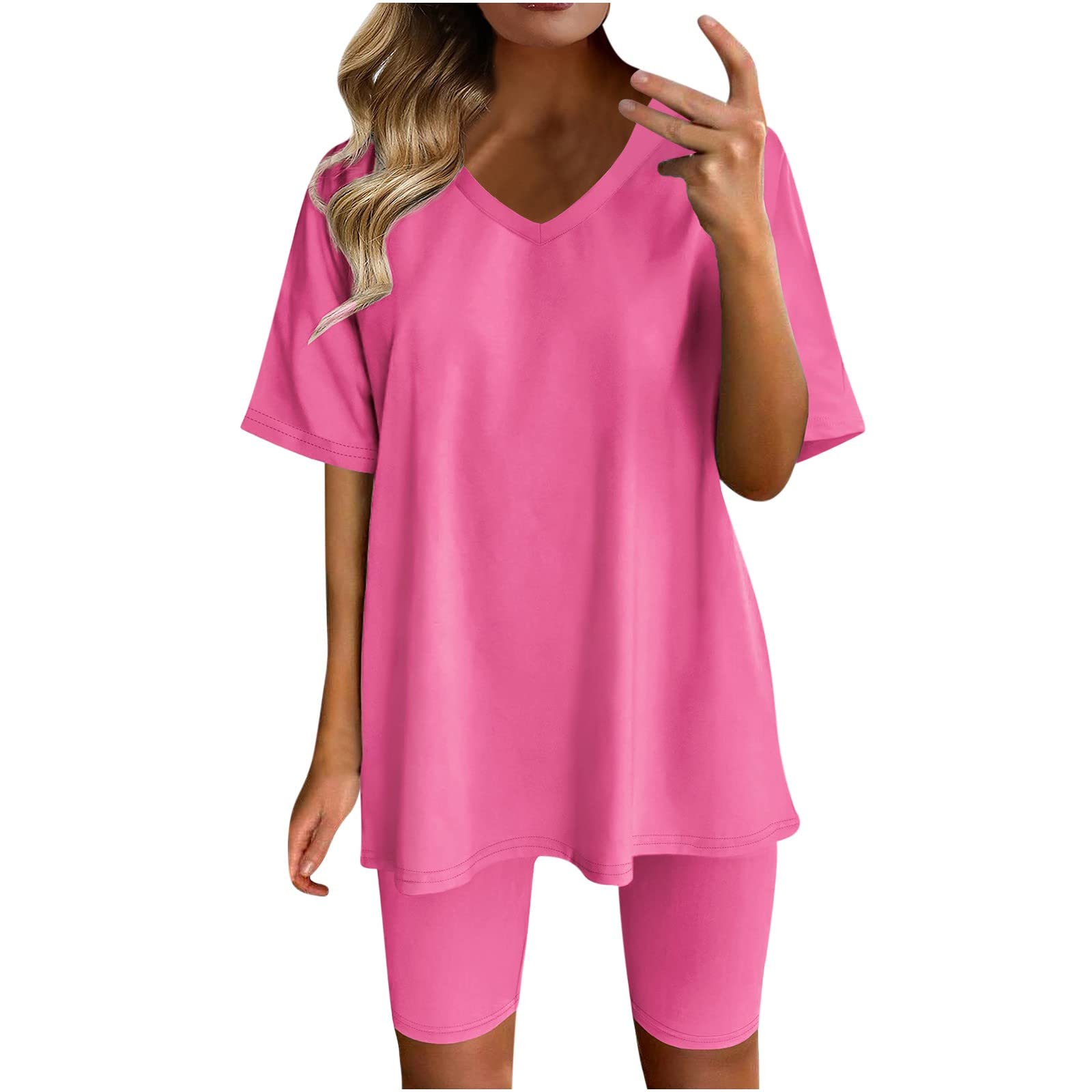 Women's 2-Piece Summer Outfit - V-Neck Oversized T-Shirt & Biker Shorts Set | Casual Lounge Wear, Workout Tracksuit | Perfect for Yoga, Gym, Beach & Everyday Comfort