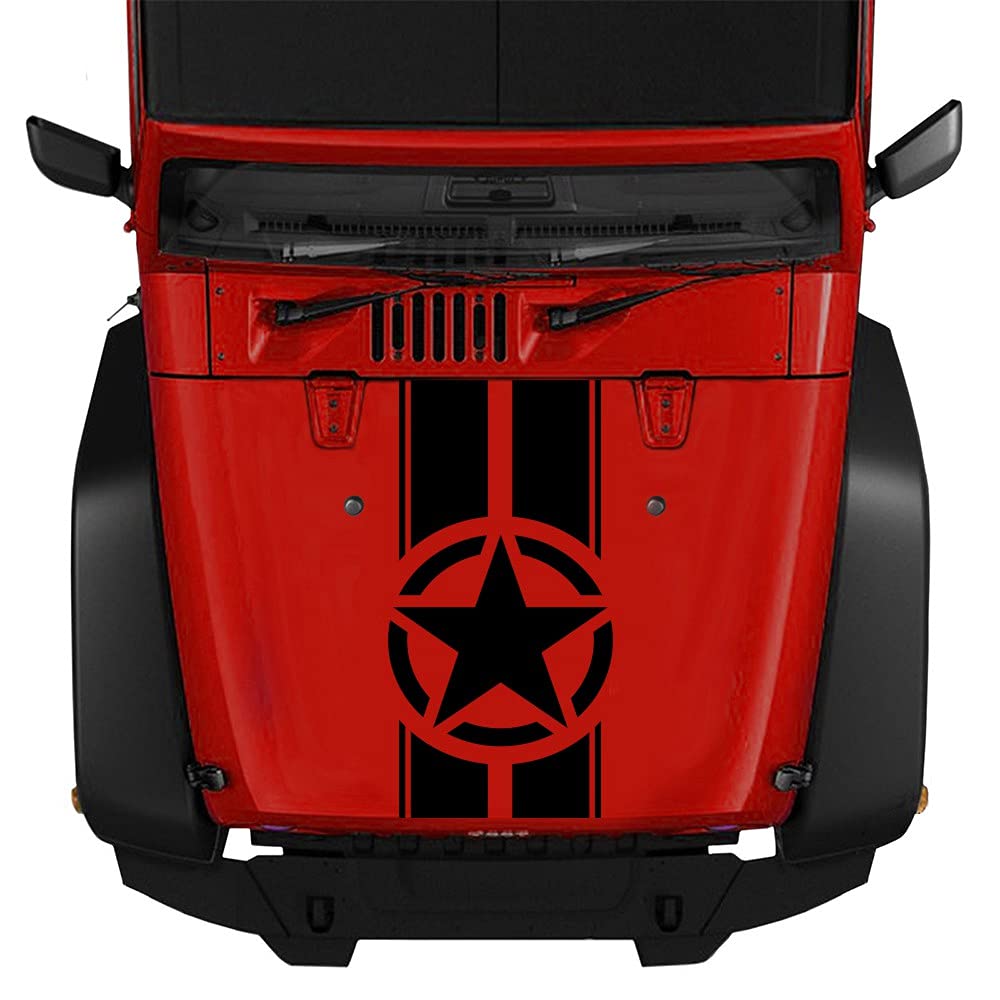 Jeep Wrangler TJ LJ JK Military Star Stripes Vinyl Decal Hood Sticker - Waterproof DIY Car & Truck Accessories (Red) | Off-Road Adventure & Custom Vehicle Styling