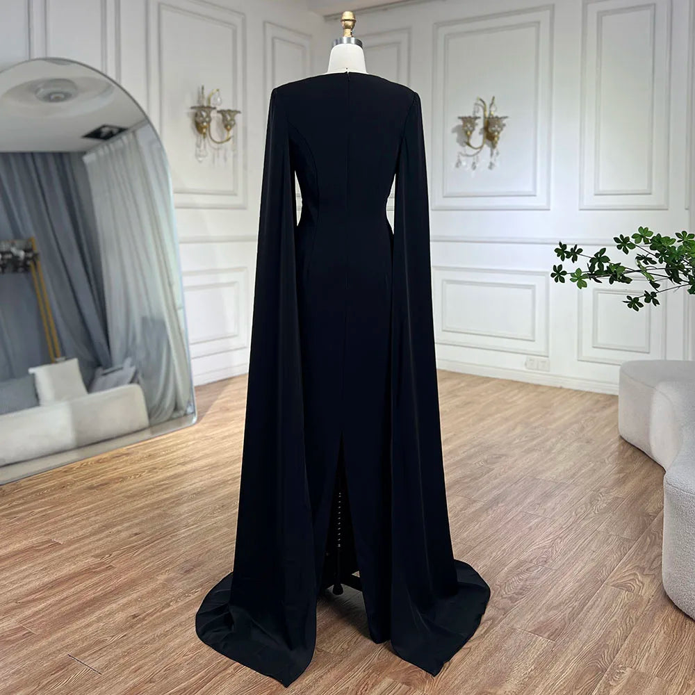 Elegant Black Luxury Beaded Arabic Evening Dress with Cape Sleeves LA72461 - Perfect for Weddings, Galas & Special Occasions