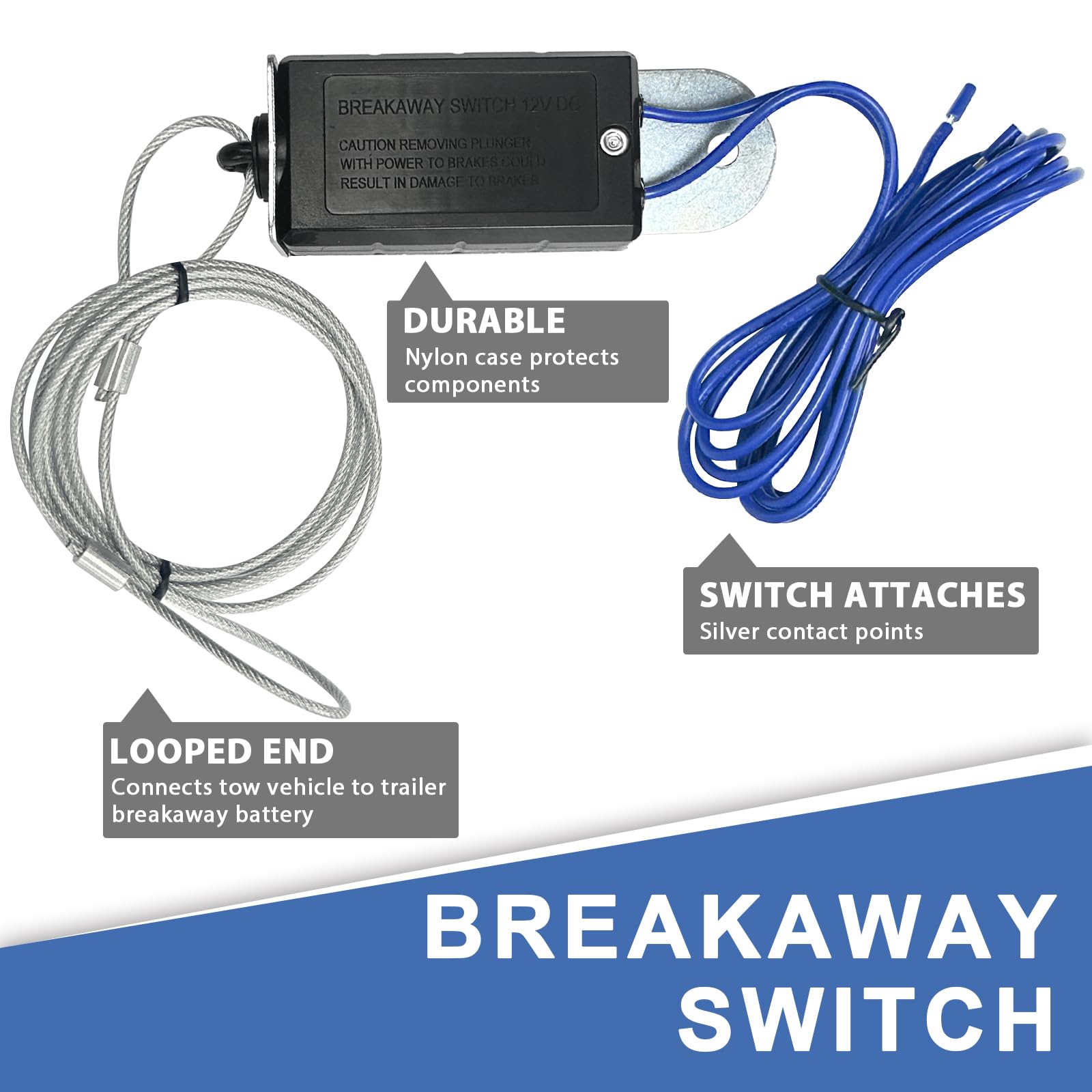 Trailer Breakaway Switch with 4FT Coiled Cable - Electric Brake Switch for RV Towing & Travel Trailers | Heavy-Duty Wire Rope Safety Device | Perfect for Emergency Braking During Towing & Camping Trips