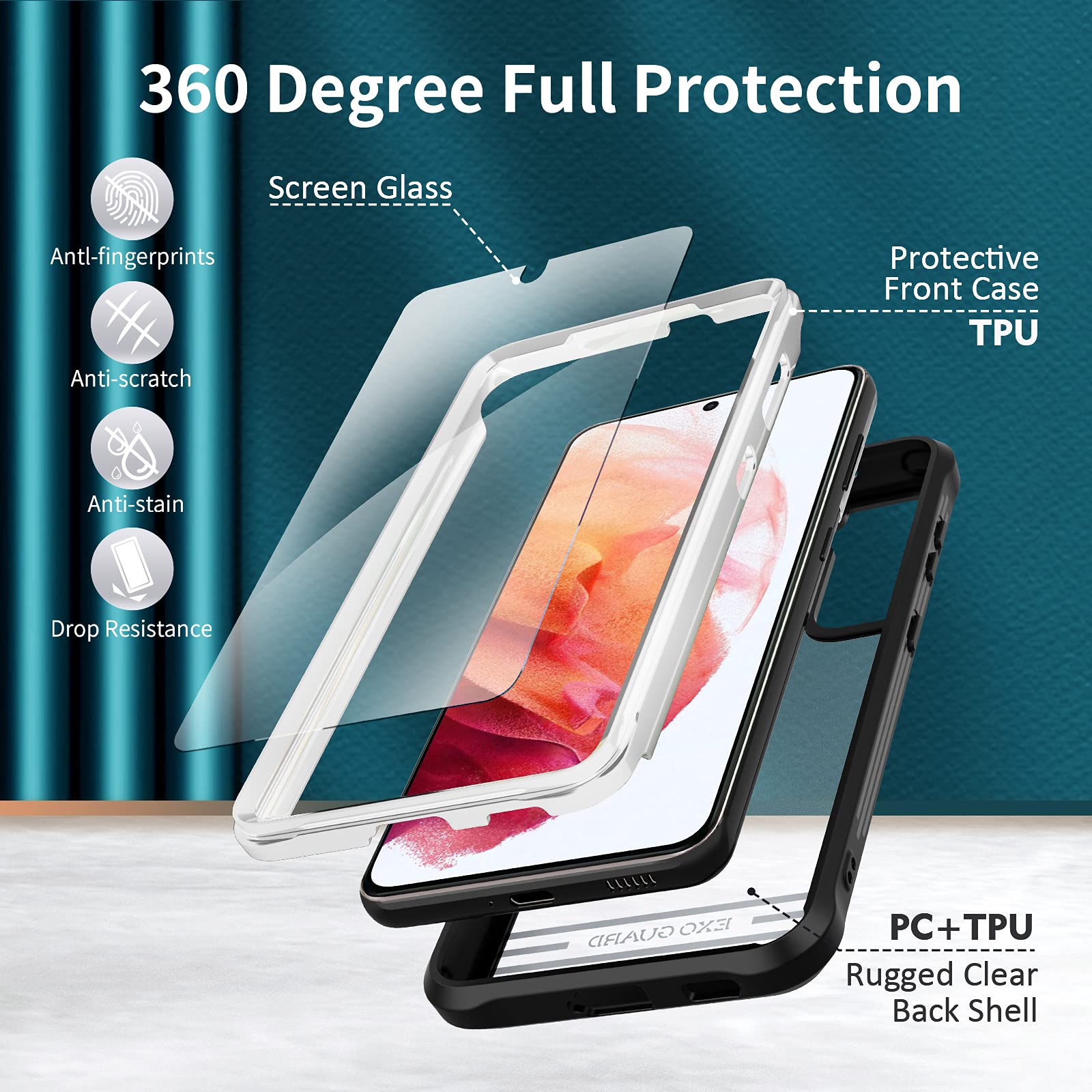 ExoGuard Samsung Galaxy S21 5G Case with Tempered Glass Screen Protector | Dual Layer Shockproof Full Body Protection | Clear Back Phone Cover for Galaxy S21 5G (Black) | Perfect for Work, Travel & Outdoor Activities