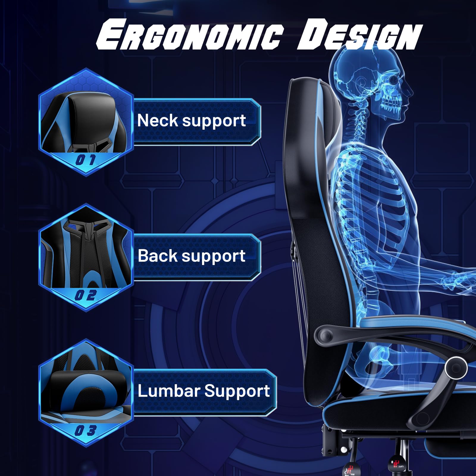 POWERSTONE Ergonomic Gaming Chair - High Back Racing Style Office Computer Chair with Adjustable Footrest & Reclining Function, Swivel Video Game Chair for Adults & Teens (Blue) - Perfect for Esports, Streaming & Home Office Workspace
