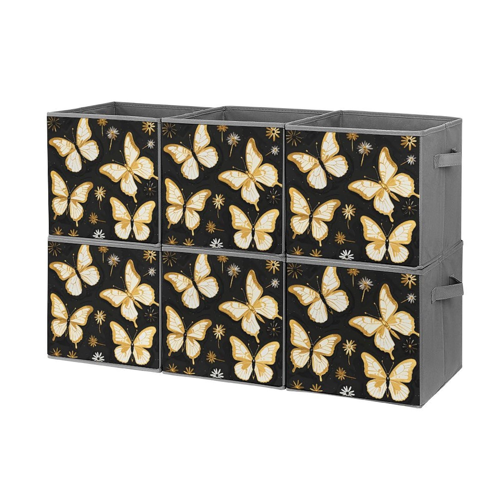 6-Piece Collapsible Storage Bins with Handles - Gold White Butterfly & Black Print Fabric Organizer Boxes for Shelves, Closet, Bathroom | Space-Saving Foldable Storage Baskets for Home Organization