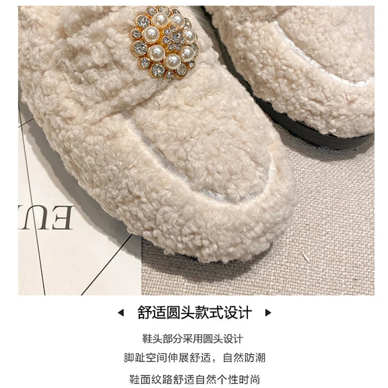 2023 New Women's Plush Flat Shoes - Fashion Brand Pearl Design Winter Warm Snow Boots for Outdoor & Office Wear - Large Sizes 41-43 - Perfect for Snowy Days & Casual Workwear