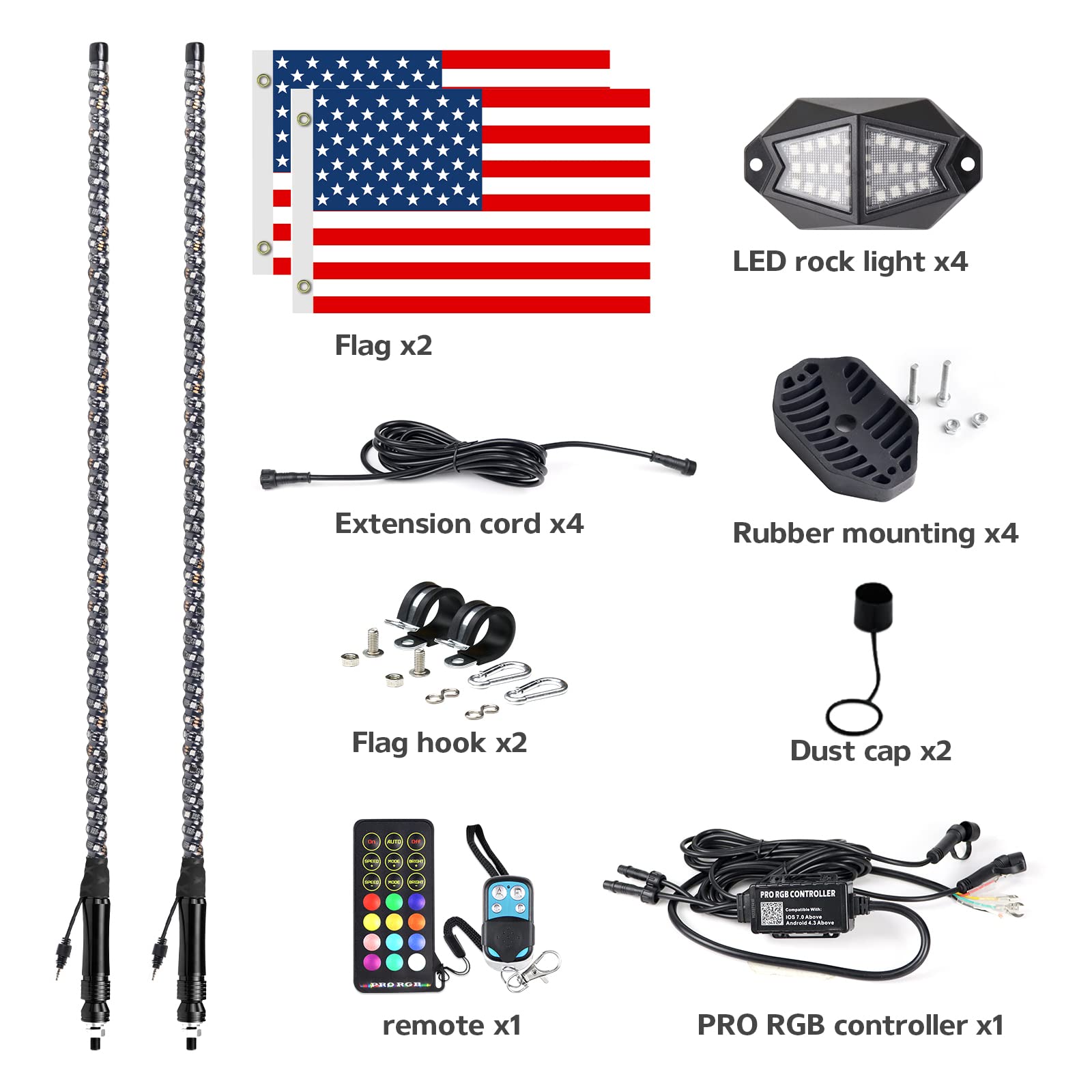 2PCS 3FT UTV Whip Lights & 4Pods Rock Lights Combo with APP & Remote Control - RGB Color Changing Off-Road Warning Light Kit for ATV, Jeep, Truck - Perfect for Night Riding, Camping & Off-Road Adventures