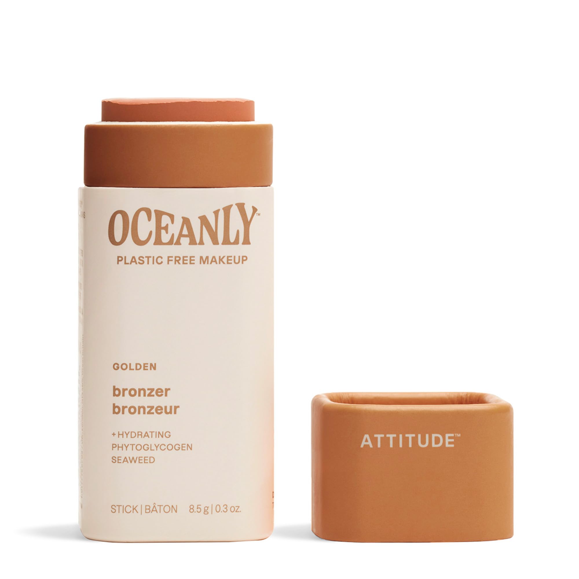 ATTITUDE Oceanly Plastic-Free Lightweight Bronzer Stick - Titanium Dioxide-Free, EWG Verified, Vegan & Cruelty-Free Makeup - Golden Shade, 0.3 oz | Natural Sun-Kissed Glow for Face & Body | Perfect for Daily Use, Beach Days & Summer Makeup Looks