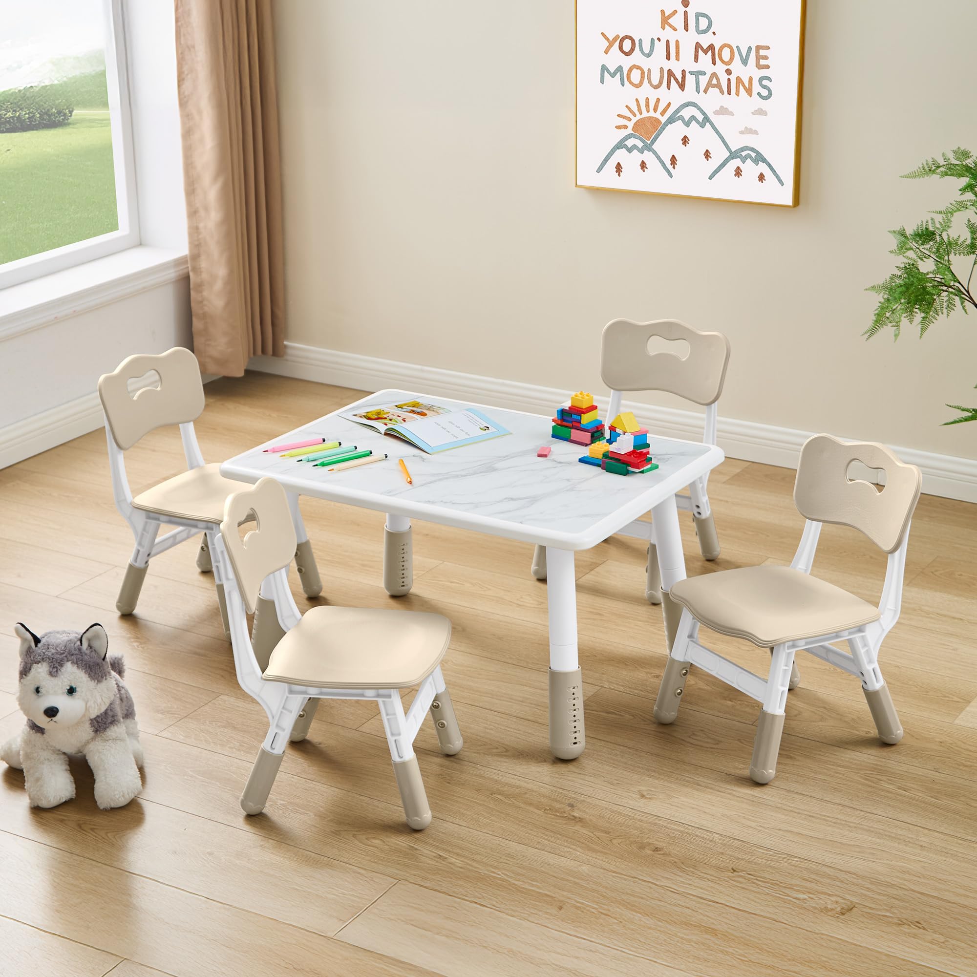 Adjustable Toddler Table and 4 Chairs Set - Kids Activity Table with Marble Pattern & Graffiti Desktop (31.5