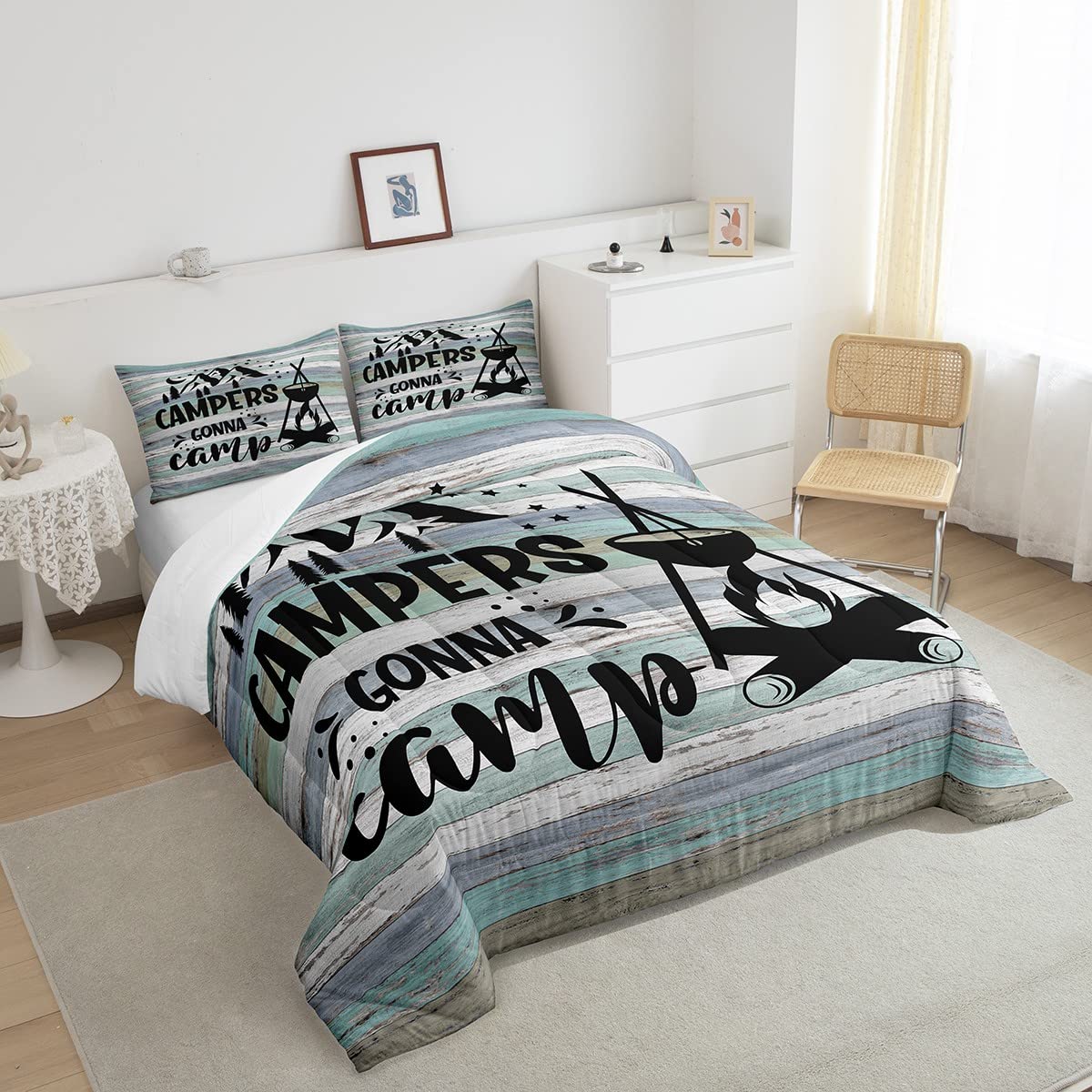 Erosebridal Happy Camping Comforter Set for Teens - Twin Size Camper Bedding with Sketch Drawing Design, Rustic Farmhouse Quilted Duvet Cover (2Pcs) - Perfect for Kids & Teens Bedroom Decor, Camping Themed Room Makeover
