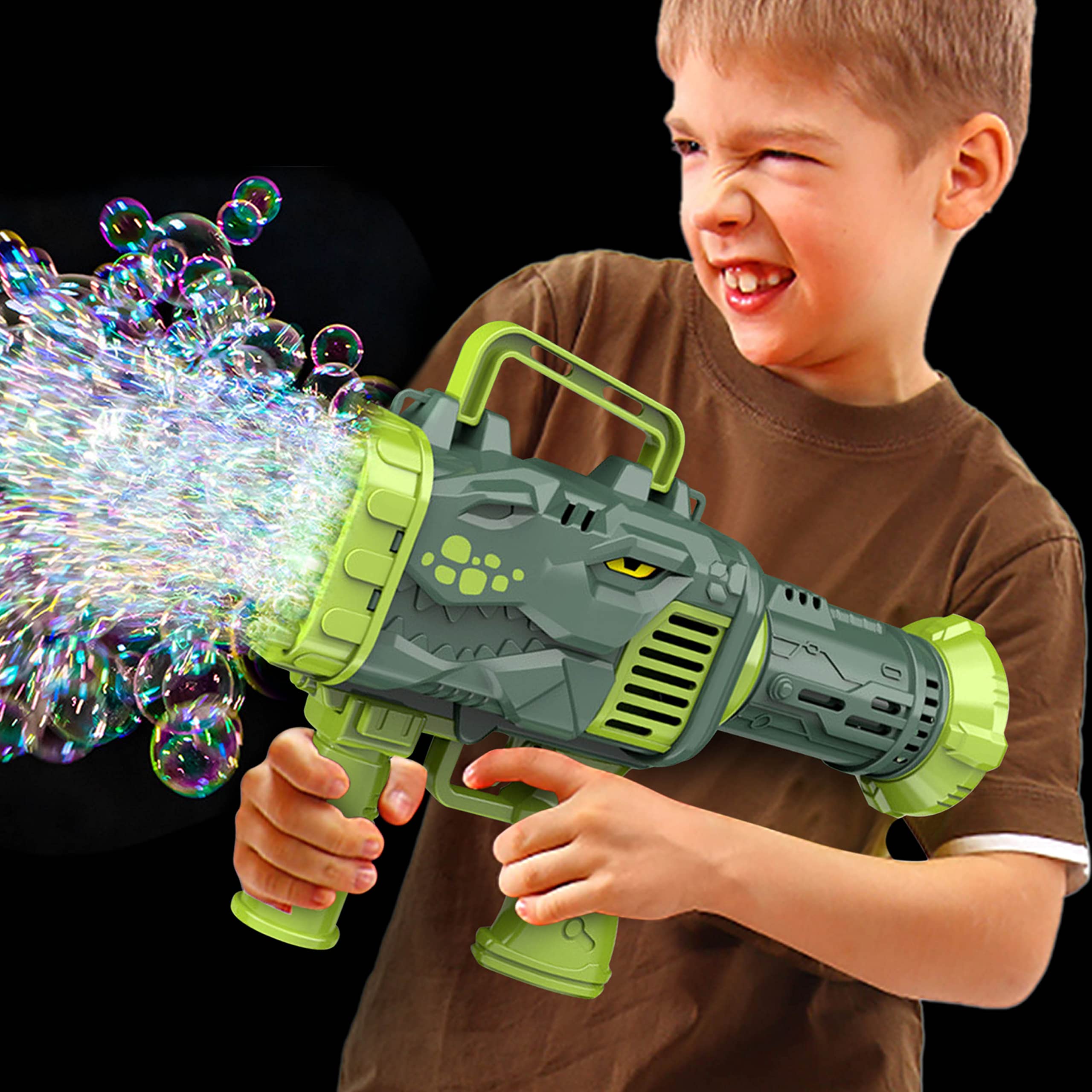 Electric Dinosaur Bubble Blower Machine - 32-Hole Automatic Bubble Maker with LED Lights for Kids & Adults - Perfect for Birthday Parties, Outdoor Play, and Summer Fun (Dinosaur Shape)