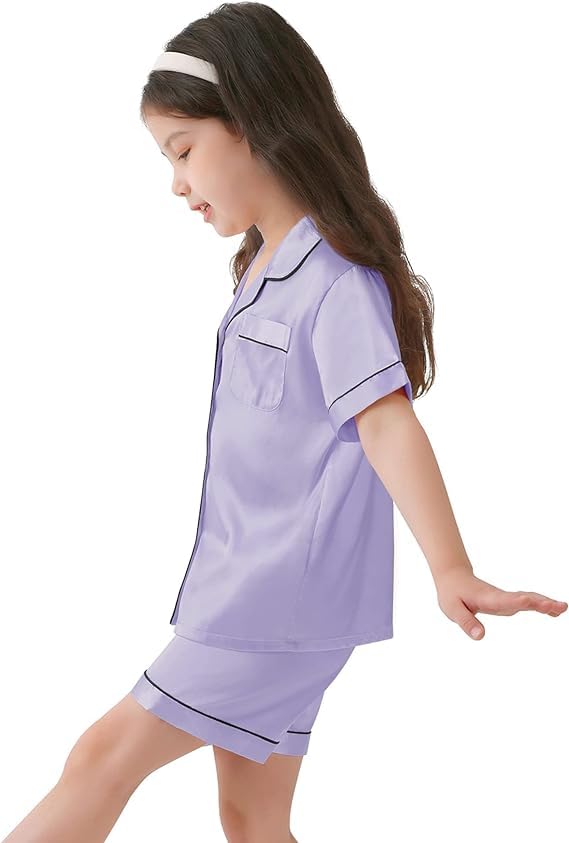 SWOMOG Kids Satin Pajama Set for Girls & Boys - Soft Button-Down Short Sleeve Silk Nightwear 2-Piece Lounge Outfit - Perfect for Sleepovers, Birthday Gifts & Cozy Family Nights