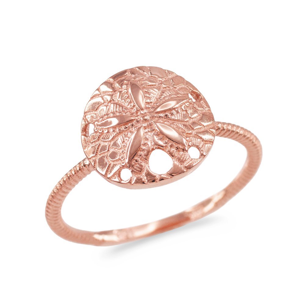 14K Rose Gold Twisted Rope Sand Dollar Ring for Women - Elegant Beach Jewelry for Summer Vacation, Wedding, Anniversary Gifts