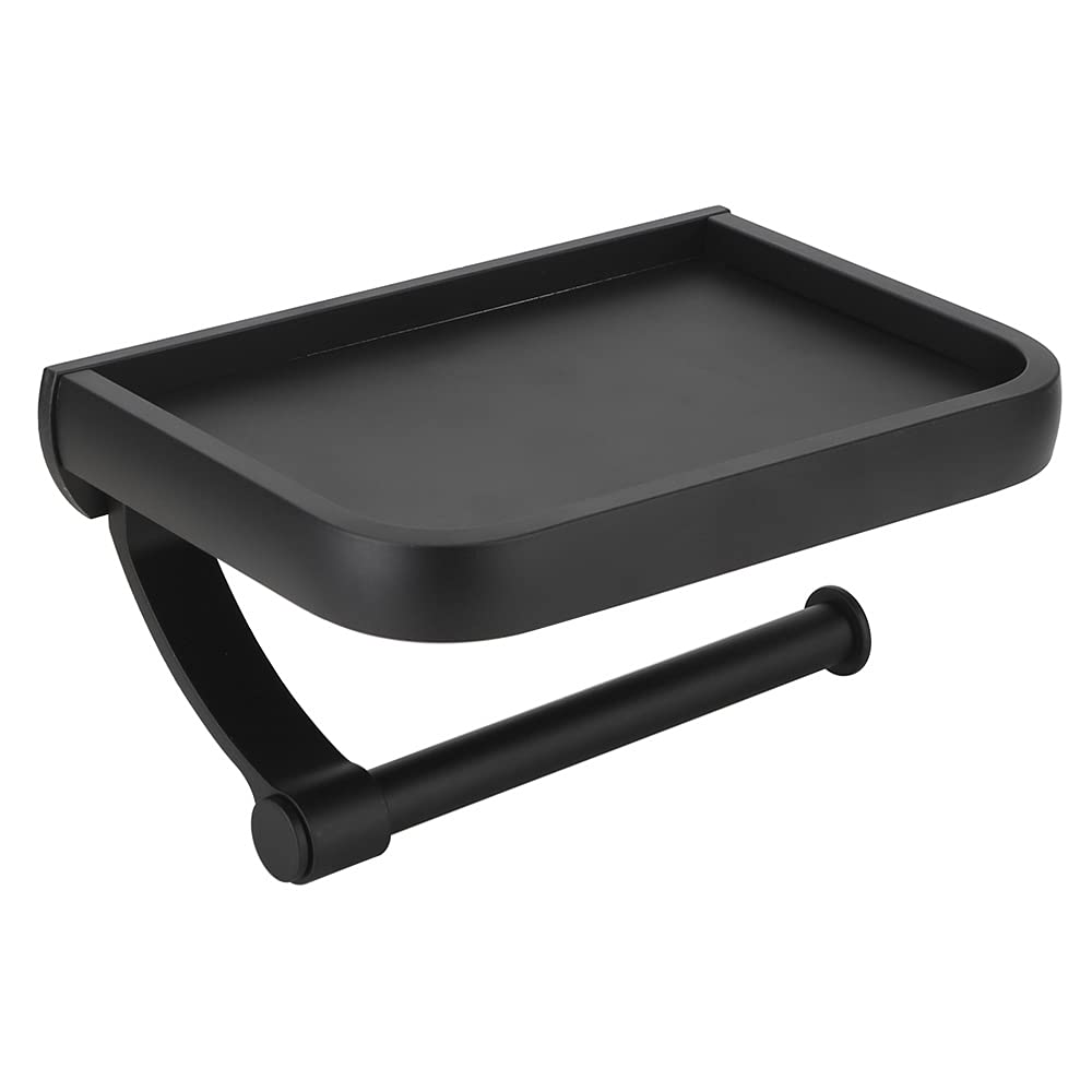 Black Wall Mounted Toilet Paper Holder with Phone Storage Shelf - Bathroom Tissue Roll Dispenser for Home & Office Use