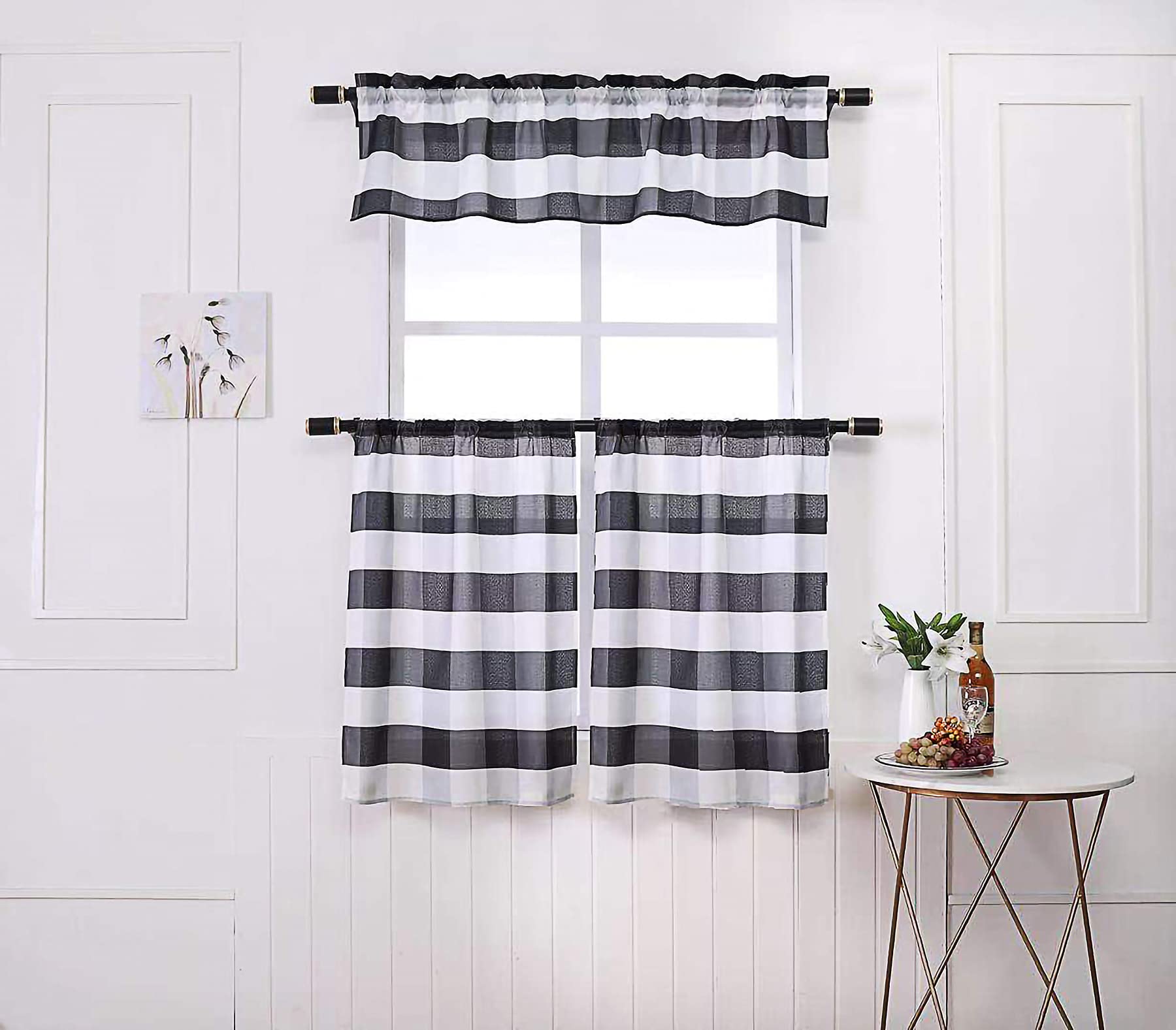 MarCielo 3-Piece Buffalo Check Plaid Window Curtain Set with Swag & Tier - Farmhouse Kitchen Drapes for Windows, Buffalo White/Check - Perfect for Country Style Kitchens, Dining Rooms & Cozy Home Decor
