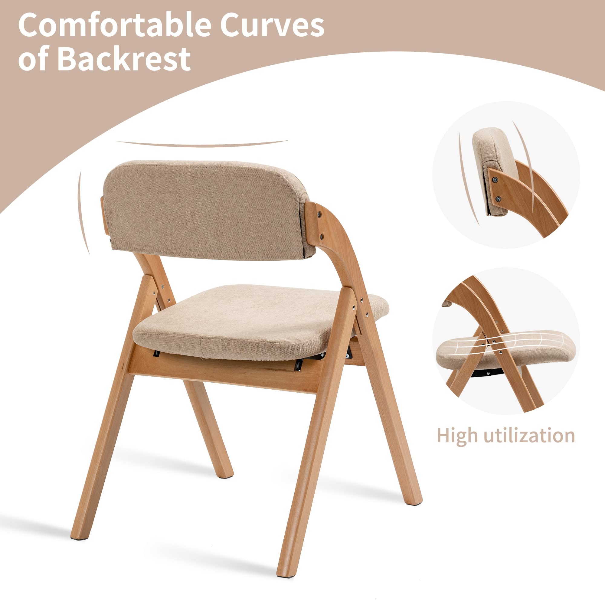 HOMEFUN 2-Pack Wooden Folding Chairs with Padded Seats & Removable Covers - Stackable Dining Chairs for Kitchen, Office, Wedding, Party, Picnic - Perfect for Guest Seating & Space Saving (Khaki)