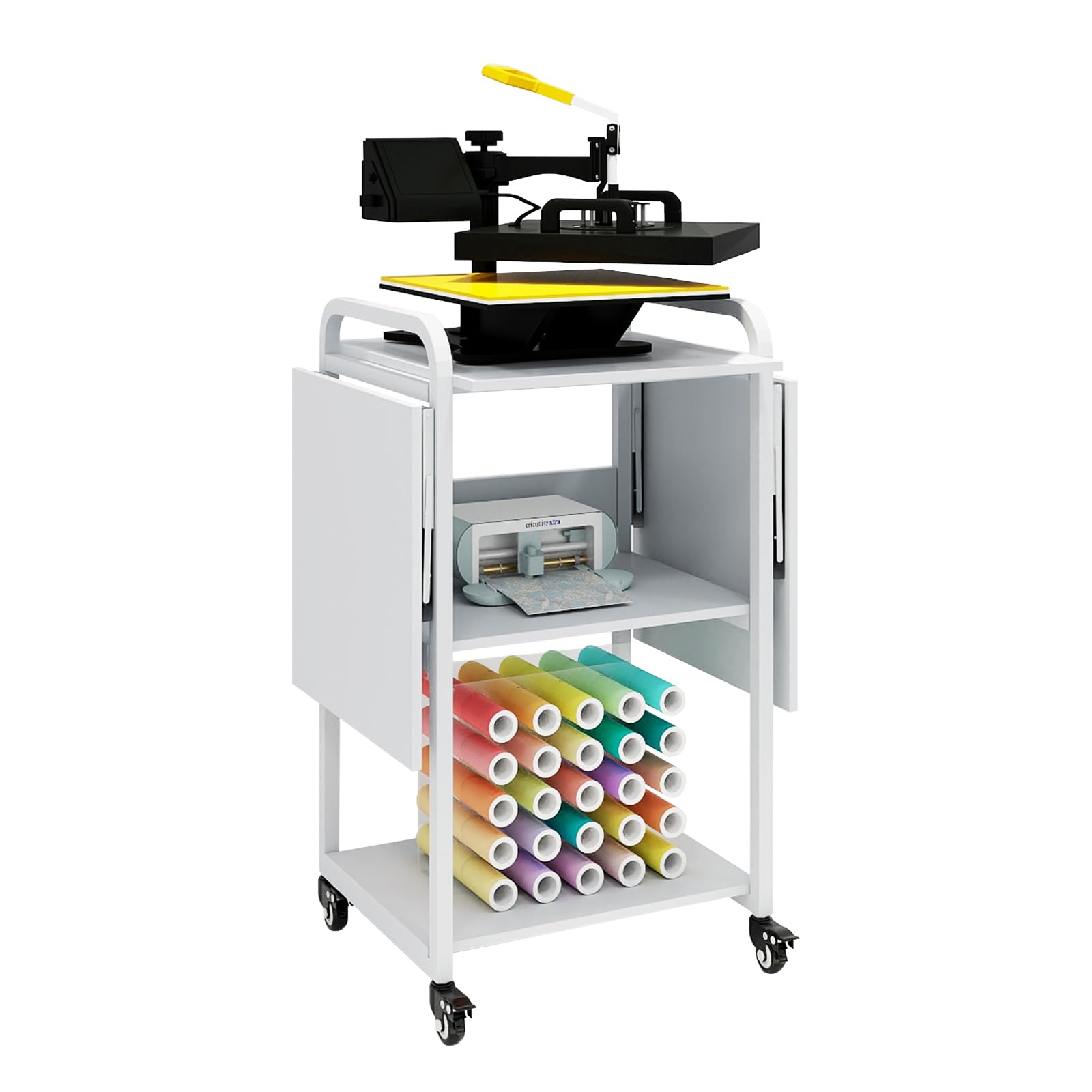 PUNCIA 3-Tier Heavy Duty Rolling Heat Press Table - Foldable Heat Transfer Machine Stand with Metal Shelf Storage for DIY Sublimation & T-Shirt Printing | Perfect for Craft Rooms, Garment Shops & Home Workspaces