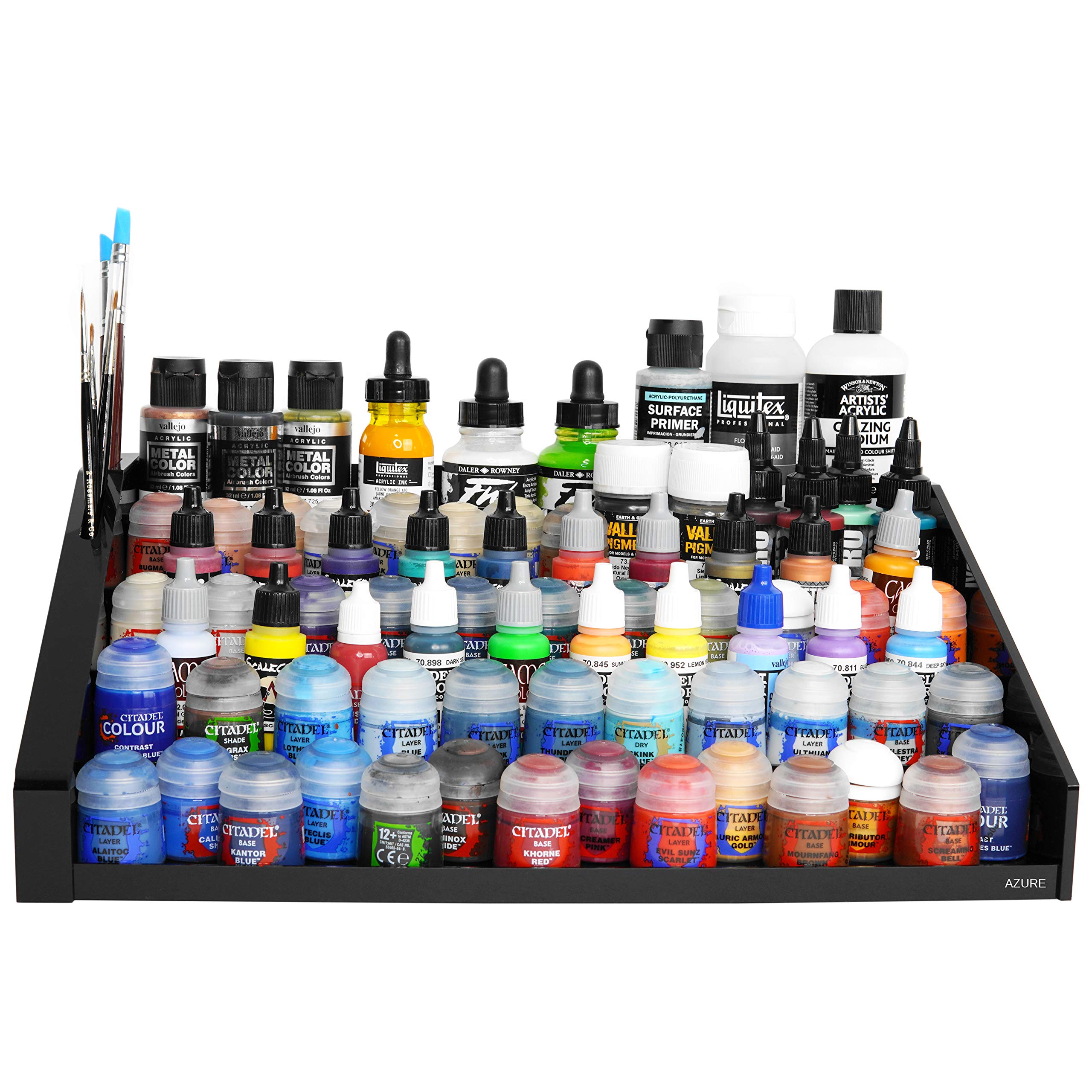 Premium Azure Hobby Paint Rack with Side Brush Holder - 15x11x5.5 Inch Organizer for 140 Dropper Bottles or 70 Citadel Pots - Compatible with Tamiya, Vallejo, Army Painter - Perfect for Miniature Painting, Warhammer & Model Kits