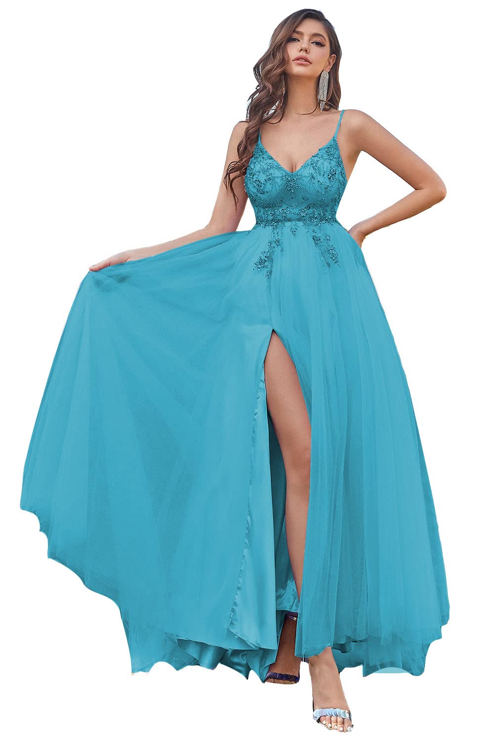 2022 Beaded Tulle Prom Dress | V-Neck Sexy A-Line Evening Gown with High Slit | Long Formal Dress for Wedding, Bridal Party & Special Occasions