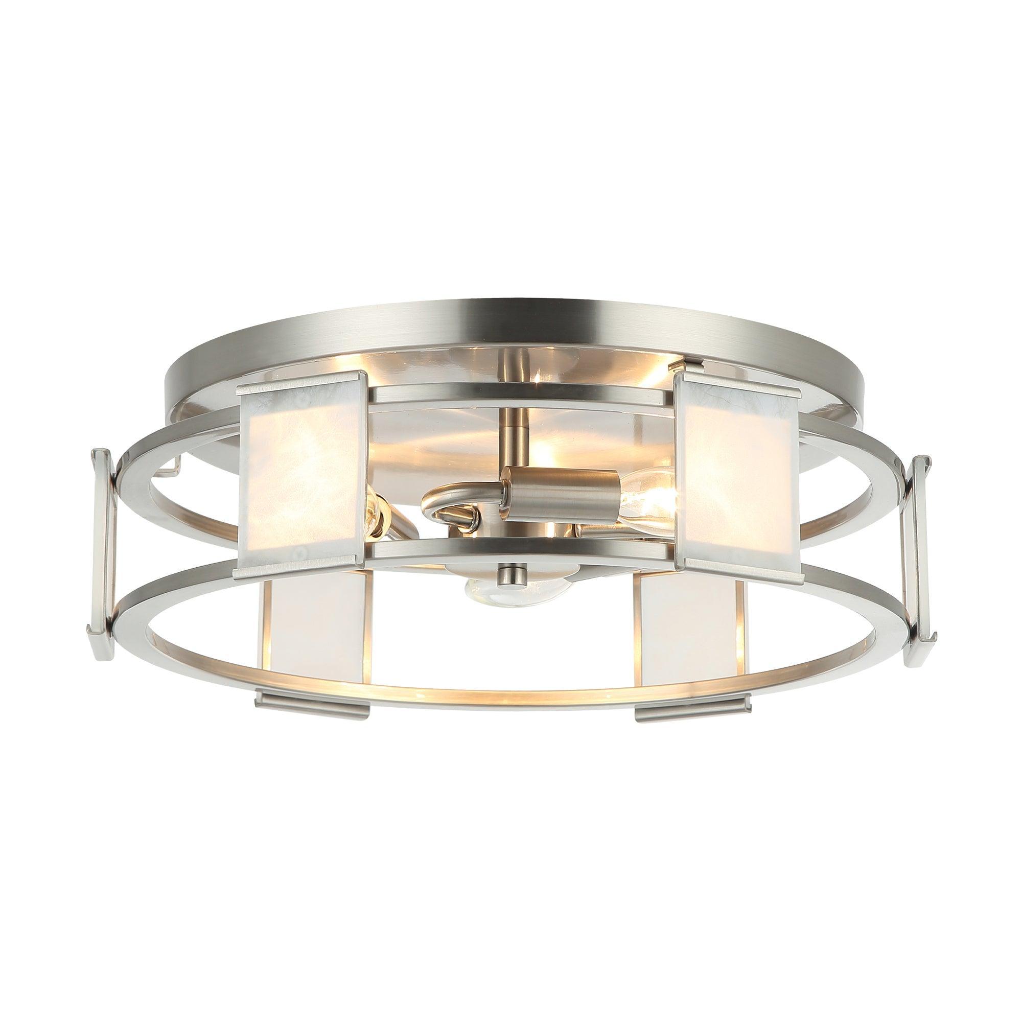 15 Inch Satin Nickel 3-Light Flush Mount Ceiling Fixture - Industrial Style Lighting for Kitchen, Bedroom, or Hallway