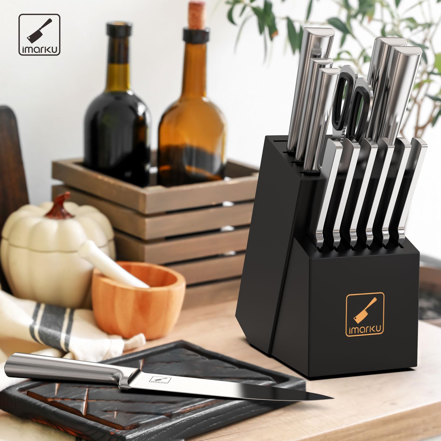 IMARKU 15-Piece Japanese High Carbon Stainless Steel Knife Set - Ultra Sharp Professional Chef Knives with Block for Kitchen | Dishwasher Safe & Well Balanced | Perfect for Home Cooking, Restaurant Use & Culinary Gifts