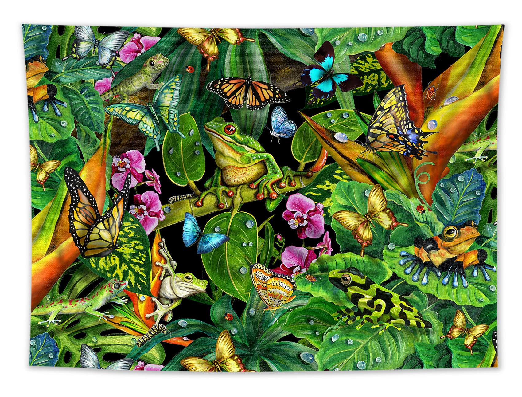 HVEST Tropical Rainforest Tapestry - Frog, Butterfly, Green Leaf Design - 59x51 Inch Wall Hanging for Bedroom, Living Room, Dorm Decor - Perfect for Indie Style, Party Backdrop, and Cozy Home Atmosphere