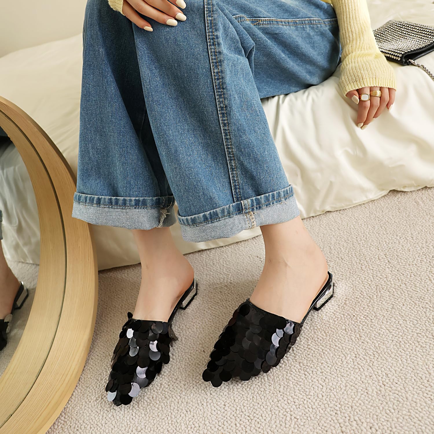 Women's Sequined Pointed Toe Mule Slippers - Elegant Dress Shoes for Casual & Formal Occasions | Comfortable Slip-On Flats for Work, Parties & Everyday Wear