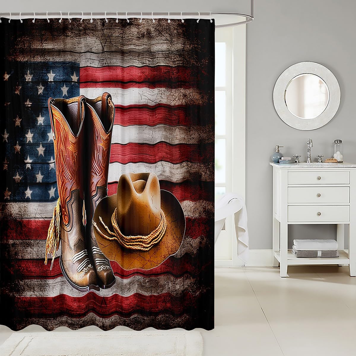 American Flag Western Cowboy Shower Curtain 72x72 Inches - Wild West Rodeo Bathroom Decor for Kids with Grunge Design - Perfect for Cowboy Themed Bathrooms & Western Style Home Decor
