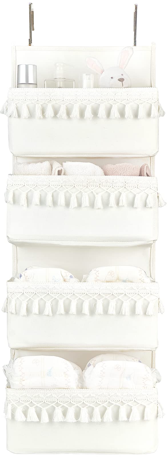 Dahey Over The Door Hanging Organizer - 4 Pocket Boho Nursery Storage Decor with Tassels | Space Saving Closet Organizer for Bedroom, Bathroom, Apartment, Dorm & Pantry Organization | Perfect for Baby Clothes, Towels & Small Item Storage