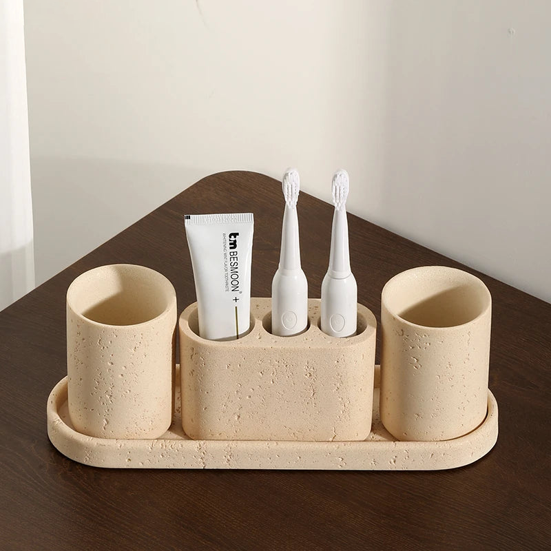 Natural Travertine Cave Stone Bathroom Accessories Set - Soap Dispenser, Toothbrush Holder & Tumbler - Spa Style Home Decor for Modern Bathrooms, Luxury Hotel Style Upgrade