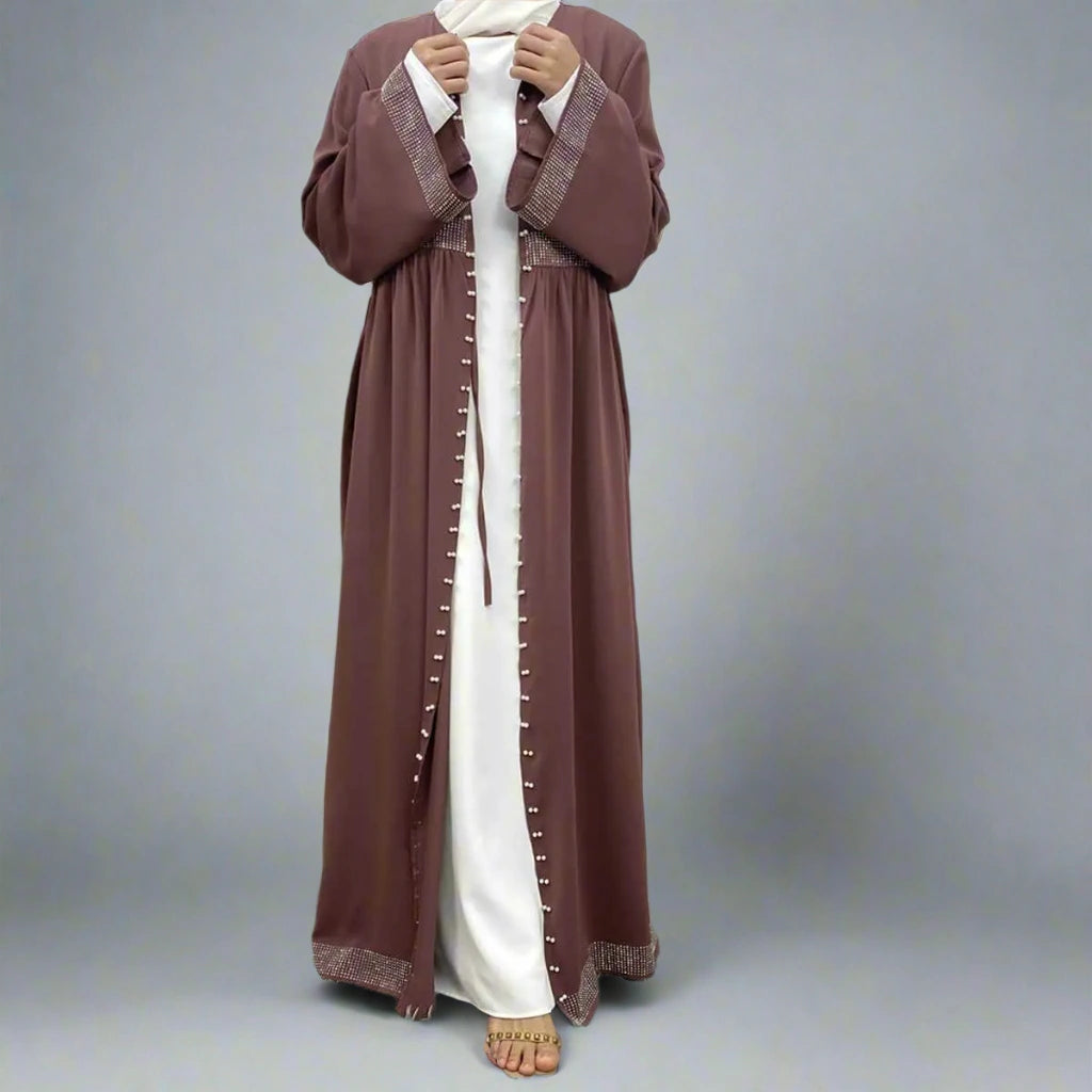 Hotfix Rhinestone Beaded Muslim Women's Cardigan Open Abaya Dress - Elegant Islamic Prayer Wear for Special Occasions & Daily Use