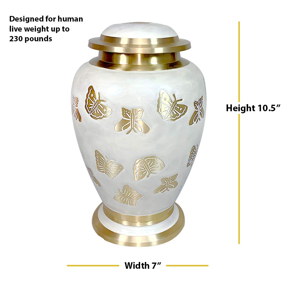 Personalized Butterfly Cremation Urn - Pearl White & Gold Adult Human Urn with Matching Keepsake & Velvet Bags for Memorial Services & Home Display