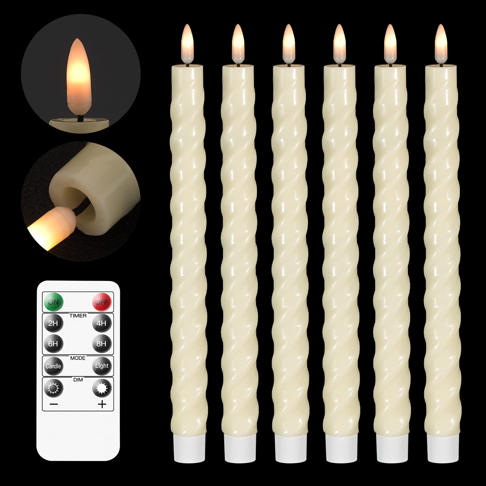 Vanchi 6-Pack Real Wax Flameless LED Taper Candles with Remote & Timer - Battery Operated Flickering Window Candles for Dining Room, Wedding, Home Decor (Ivory) | Romantic Ambiance, Holiday Centerpiece, Table Setting