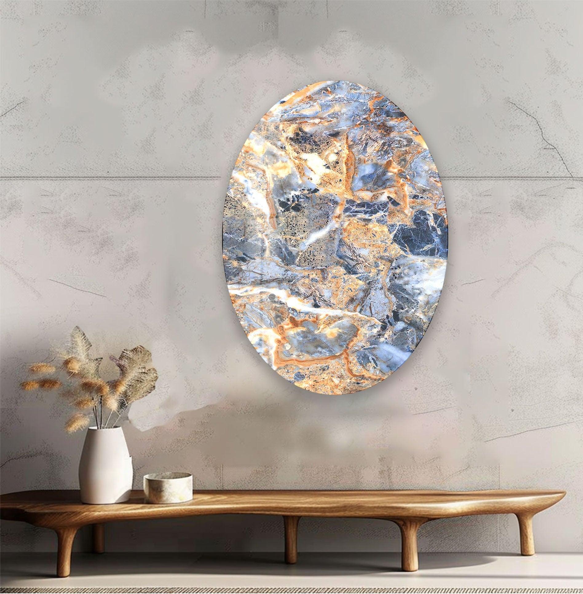 Handcrafted Asymmetric Oval Orange & Blue Marble Glass Wall Art - Modern Abstract Home Decor for Living Room, Bedroom & Office