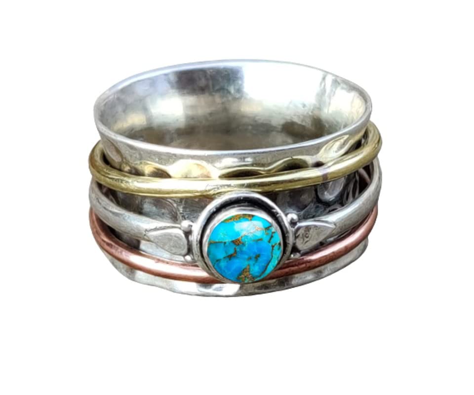 Blue-Copper-Turquoise Gemstone Spinner Ring for Women - Handmade Silver Meditation & Anxiety Relief Ring - Unique Spinning Statement Band Jewelry - Perfect for Stress Relief, Mindfulness Practice & Fashion Accessories