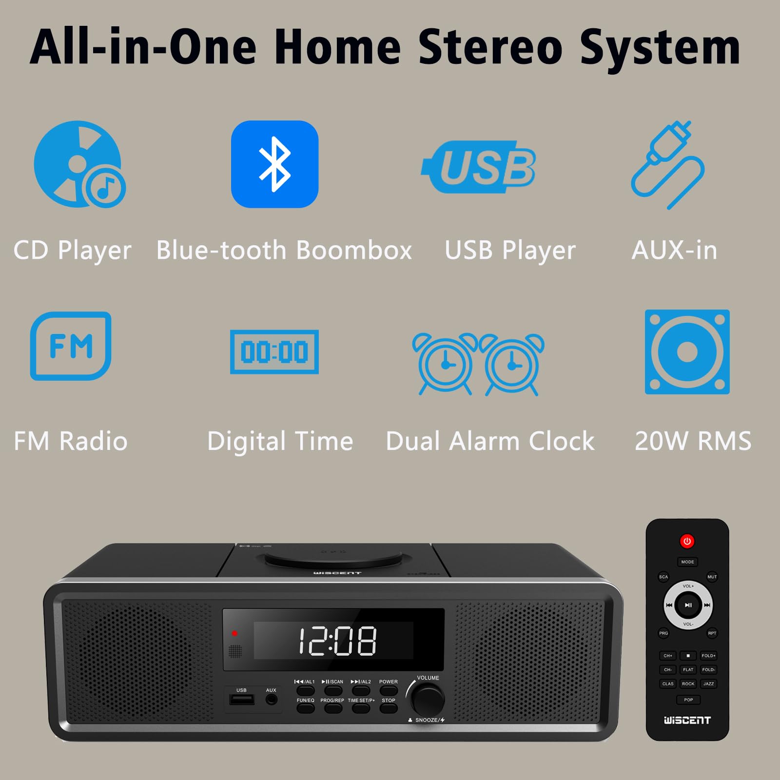 Bluetooth CD Player Stereo System with FM Radio, Aux Input, USB Port, Digital Clock & Alarm - Perfect for Home, Office, and Bedroom Use (Black)